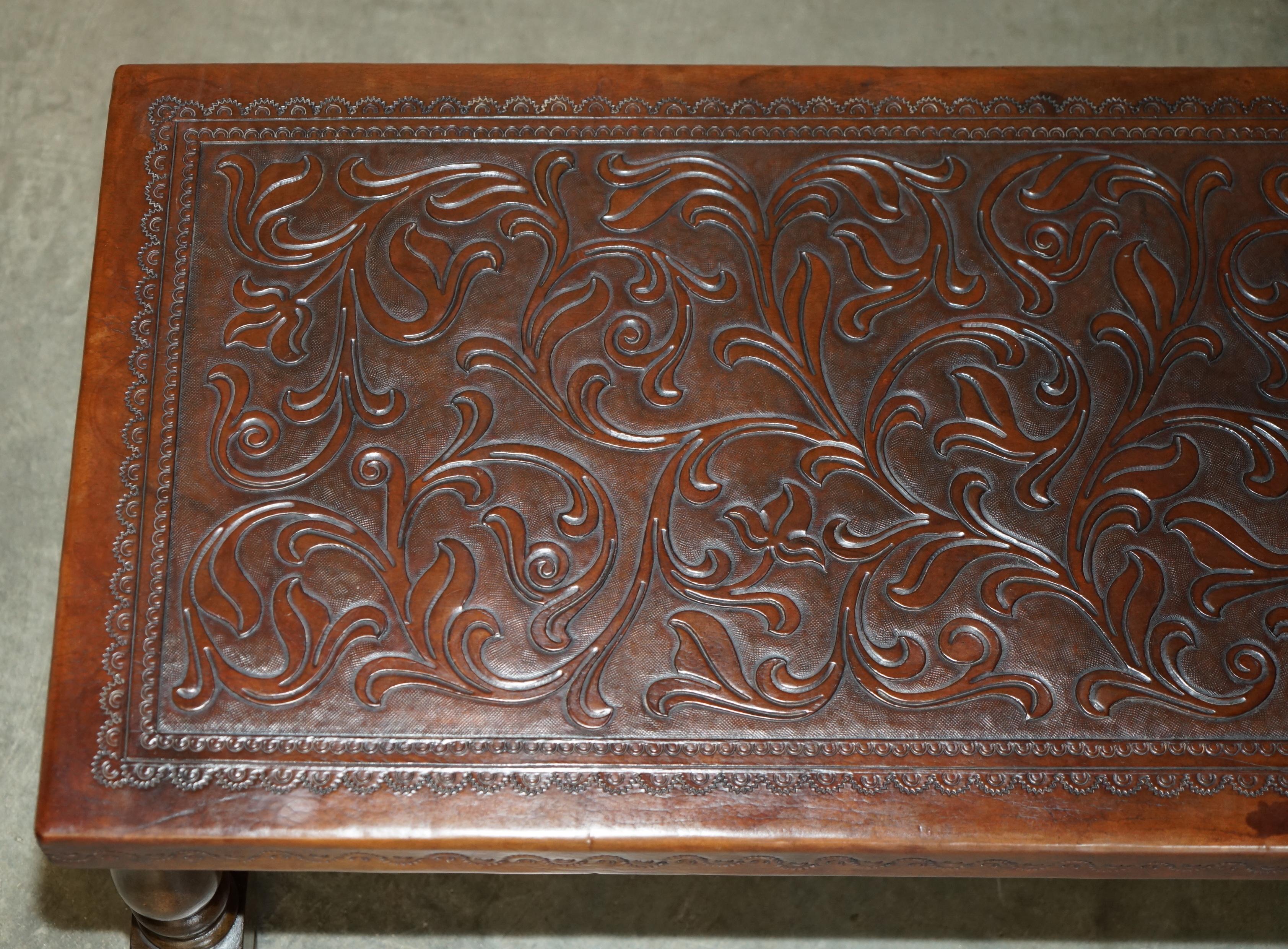 Leather EXQUISITE 1960's ANGEL PAZMINO ATTRIBUTED BROWN LEATHER EMBOSSED COFFEE TABLE For Sale
