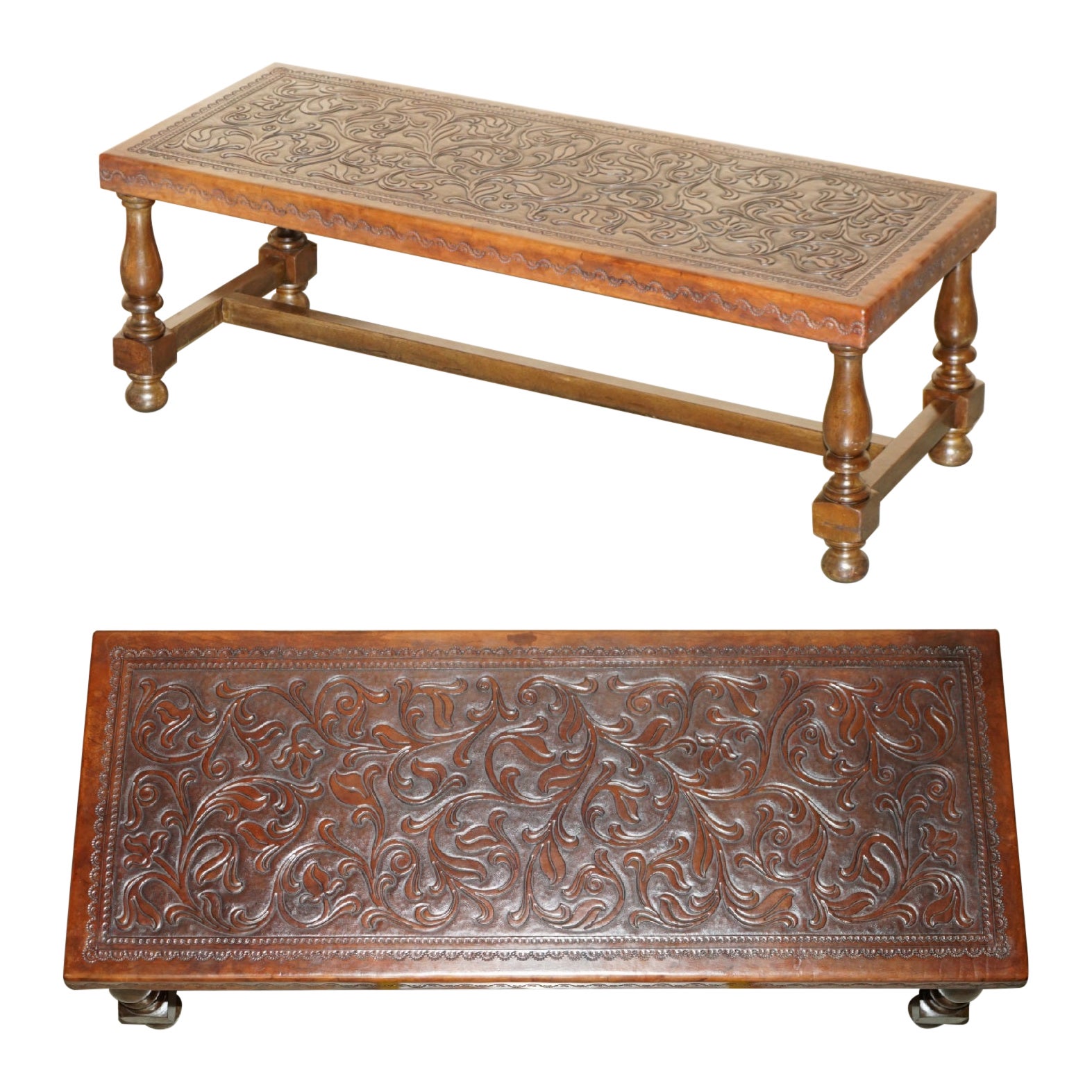 EXQUISITE 1960's ANGEL PAZMINO ATTRIBUTED BROWN LEATHER EMBOSSED COFFEE TABLE