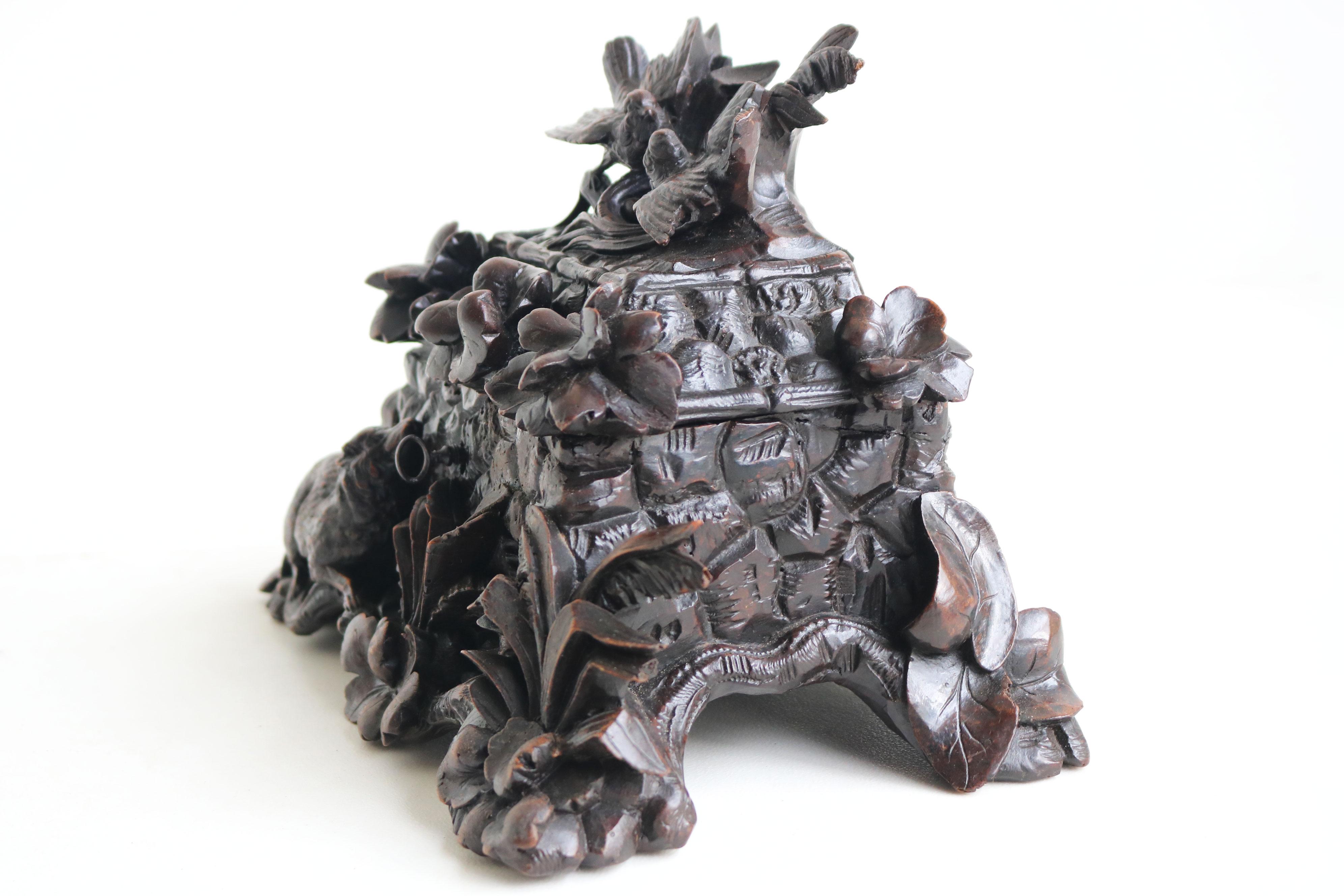 Velvet Exquisite 19th Century antique Swiss fully hand carved Black forest Jewelry box For Sale