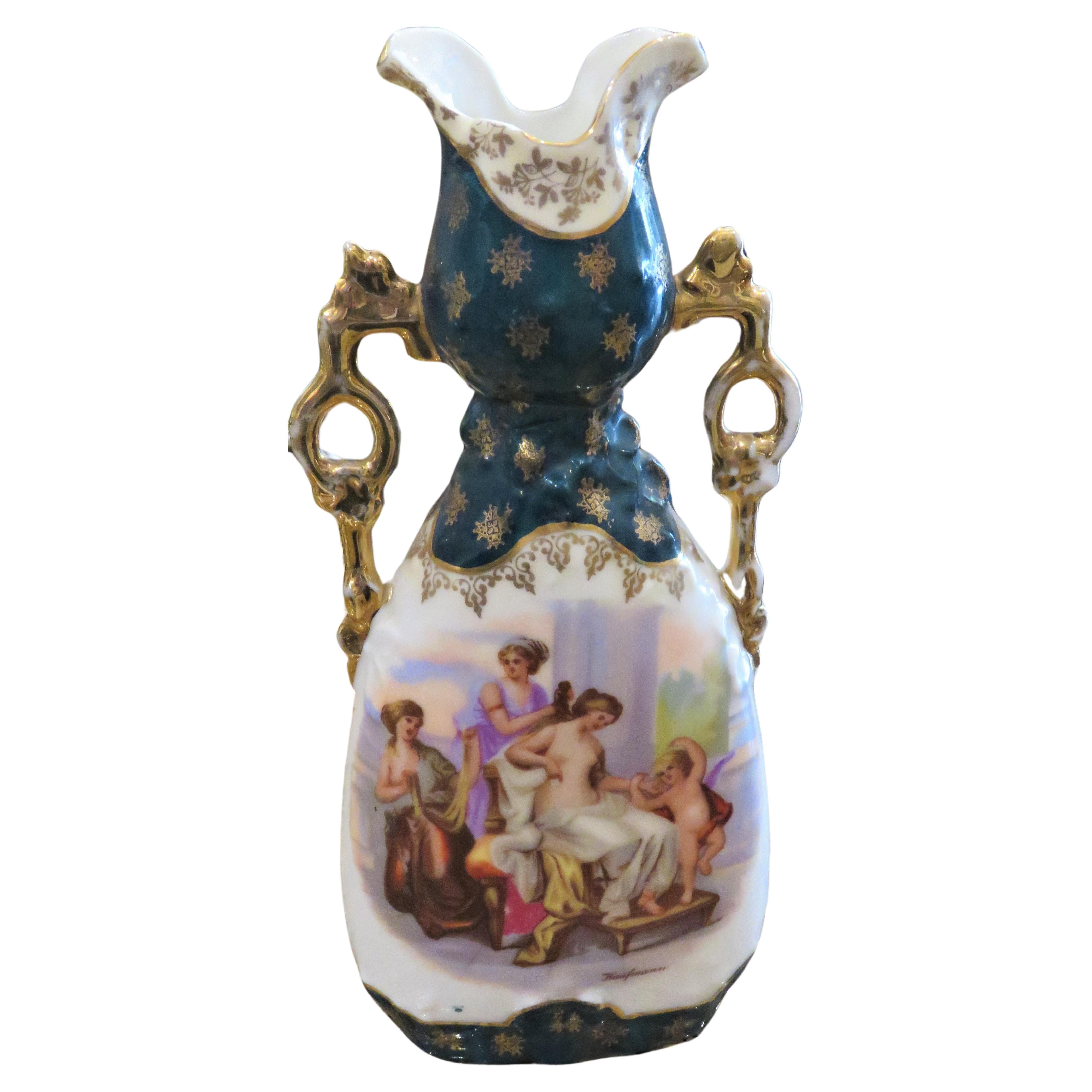  Exquisite 19th Century Austrian Royal Vienna Kaufmann Vase with Women Outdoors  For Sale