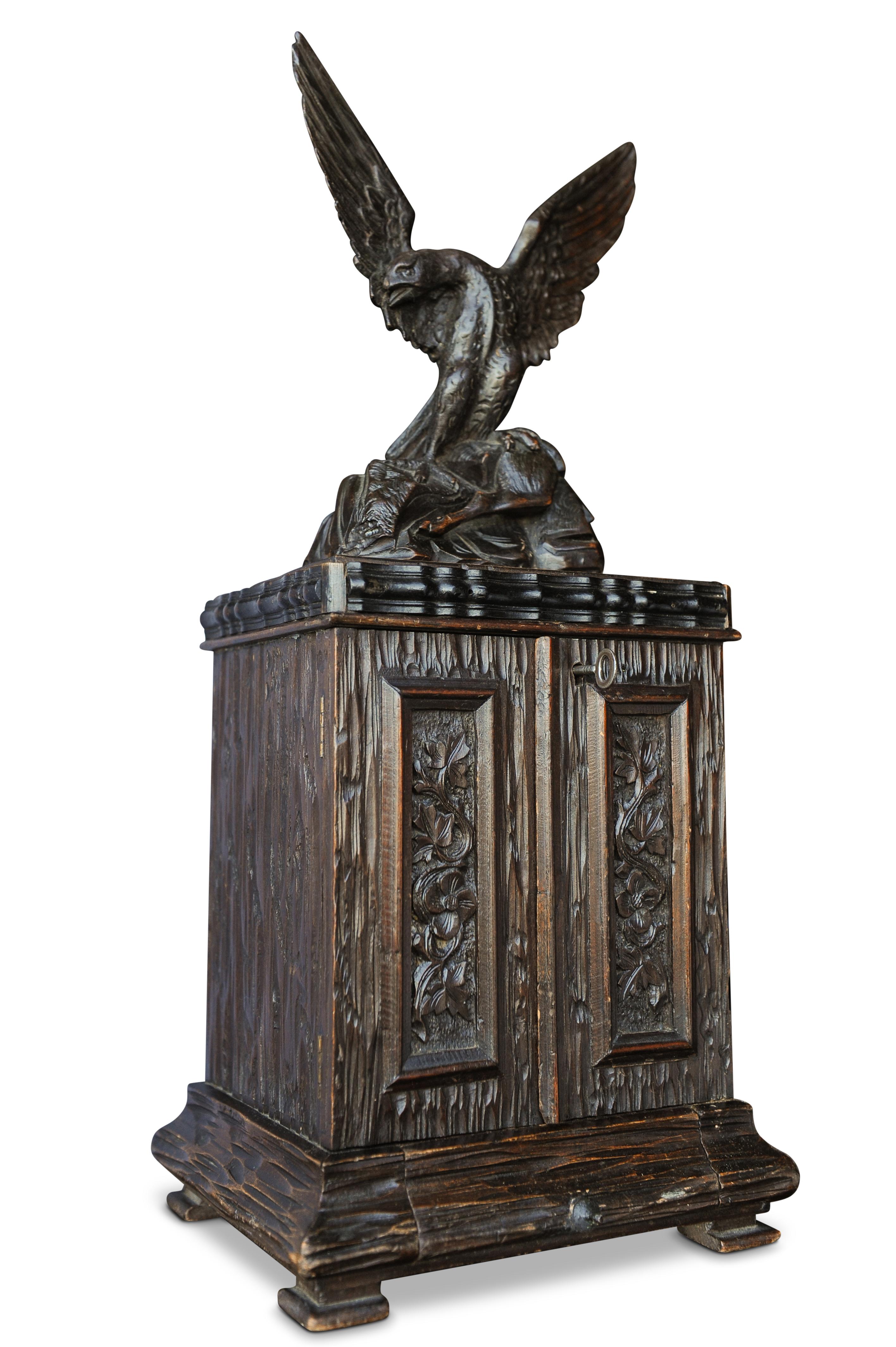 Swiss Exquisite 19th Century Black Forest Humidor Hand Carved Cabinet Eagle Mounted For Sale