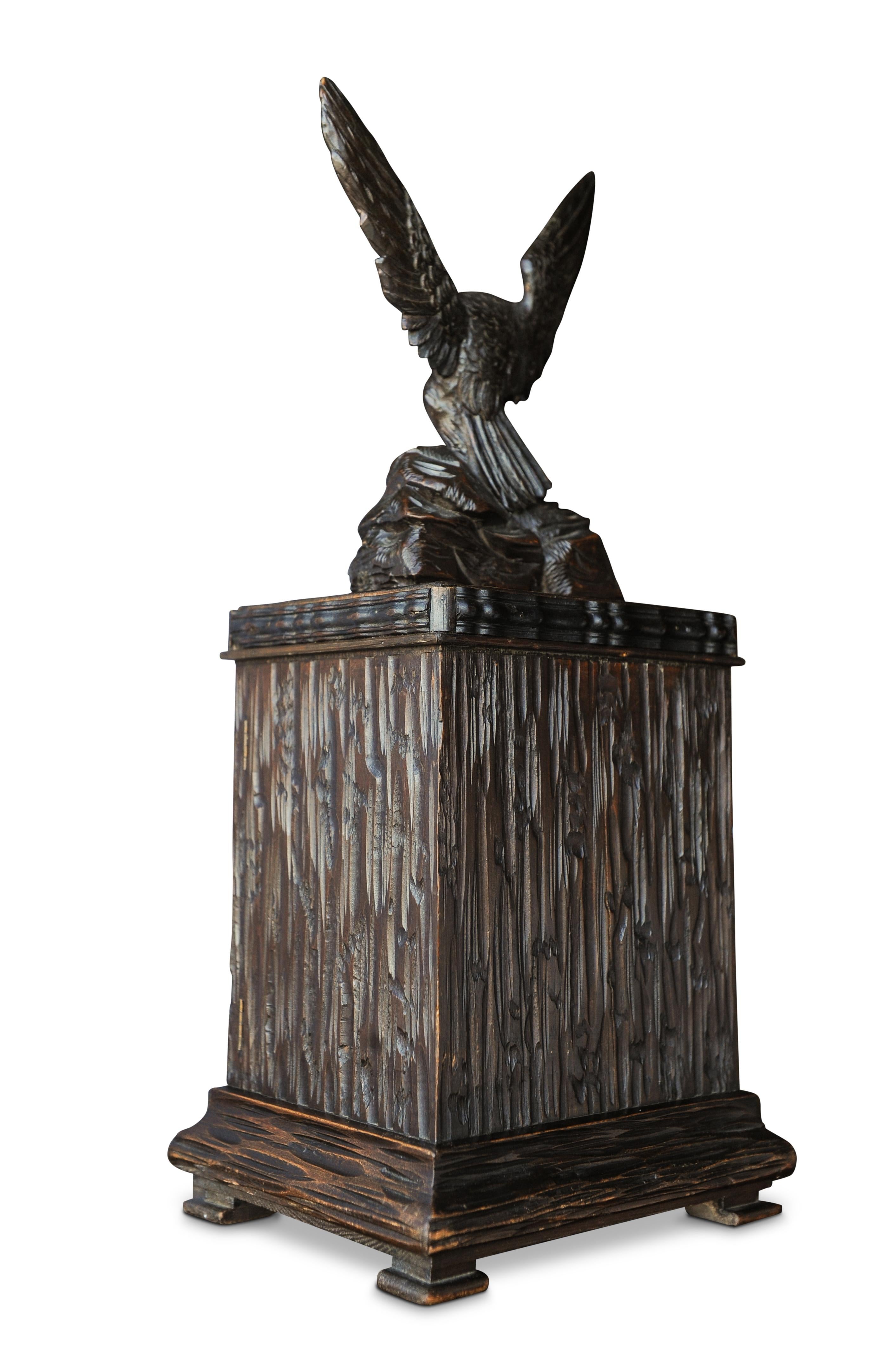 Wood Exquisite 19th Century Black Forest Humidor Hand Carved Cabinet Eagle Mounted For Sale