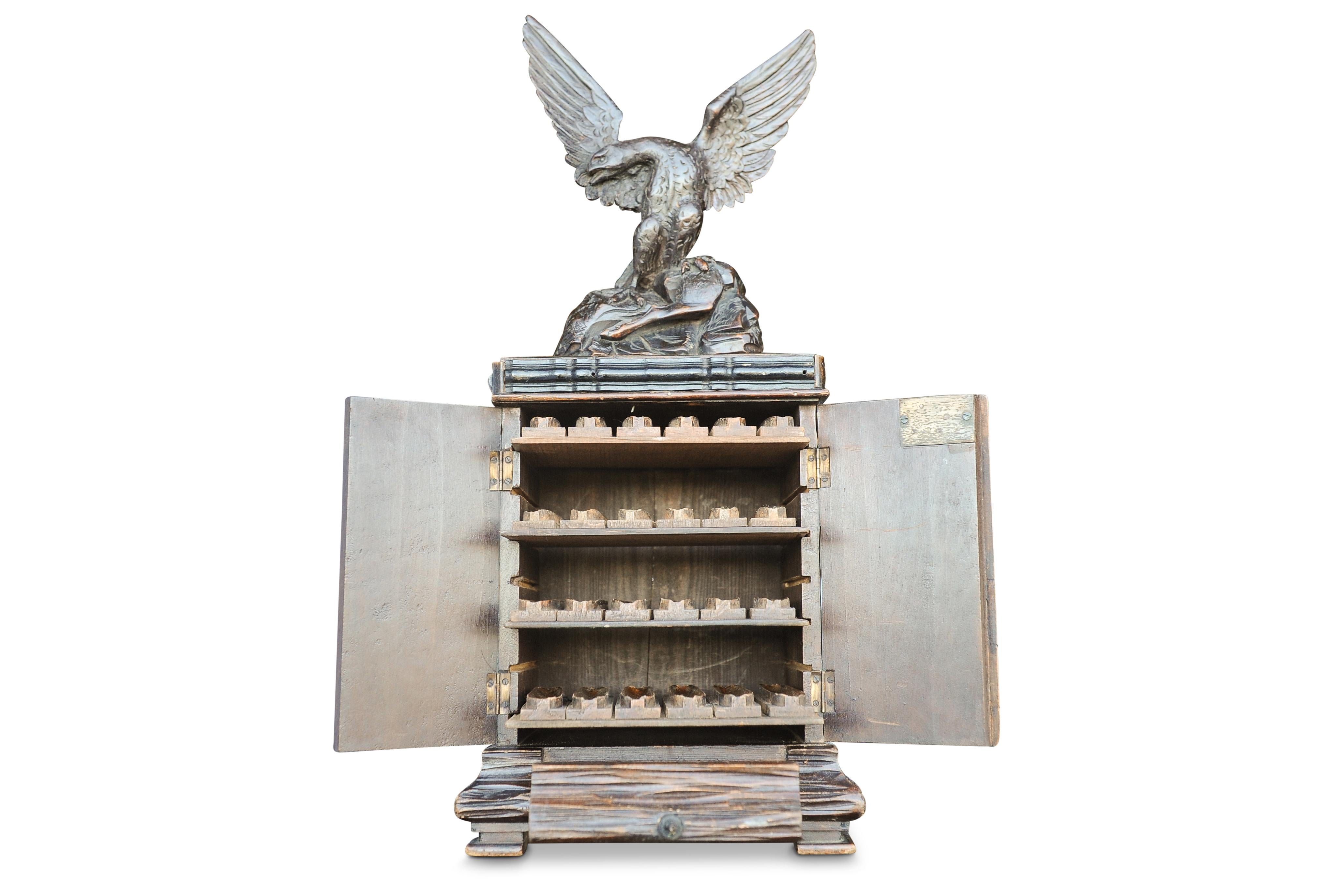 Exquisite 19th Century Black Forest Humidor Hand Carved Cabinet Eagle Mounted For Sale 3