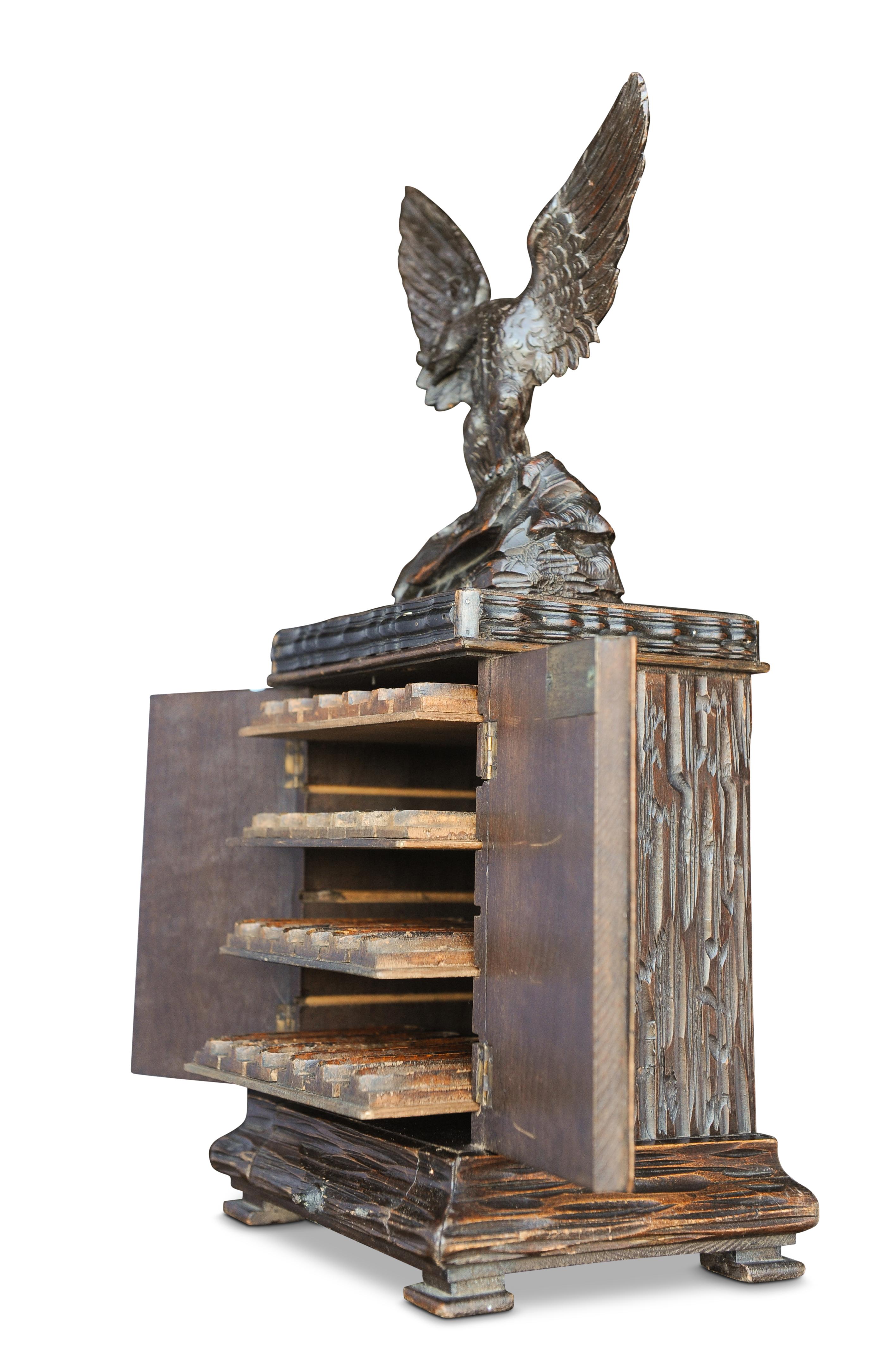 Hand-Carved Exquisite 19th Century Black Forest Humidor Hand Carved Cabinet Eagle Mounted  For Sale