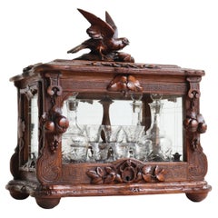 Antique Exquisite 19th Century Black Forest Liquor box Tantalus walnut complete interior
