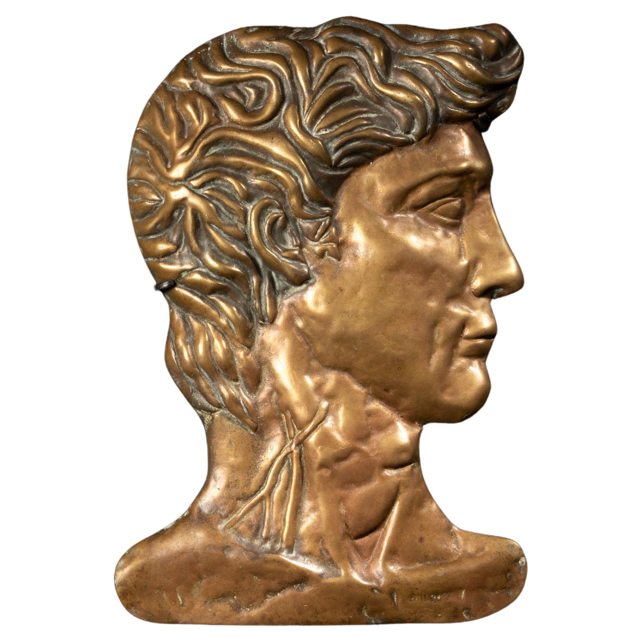 This 19th-century bronze profile plaque of David is mounted on a custom wooden base, showcasing exquisite craftsmanship and fine attention to detail. The plaque captures David's noble and serene expression in high relief, a testament to the artist's