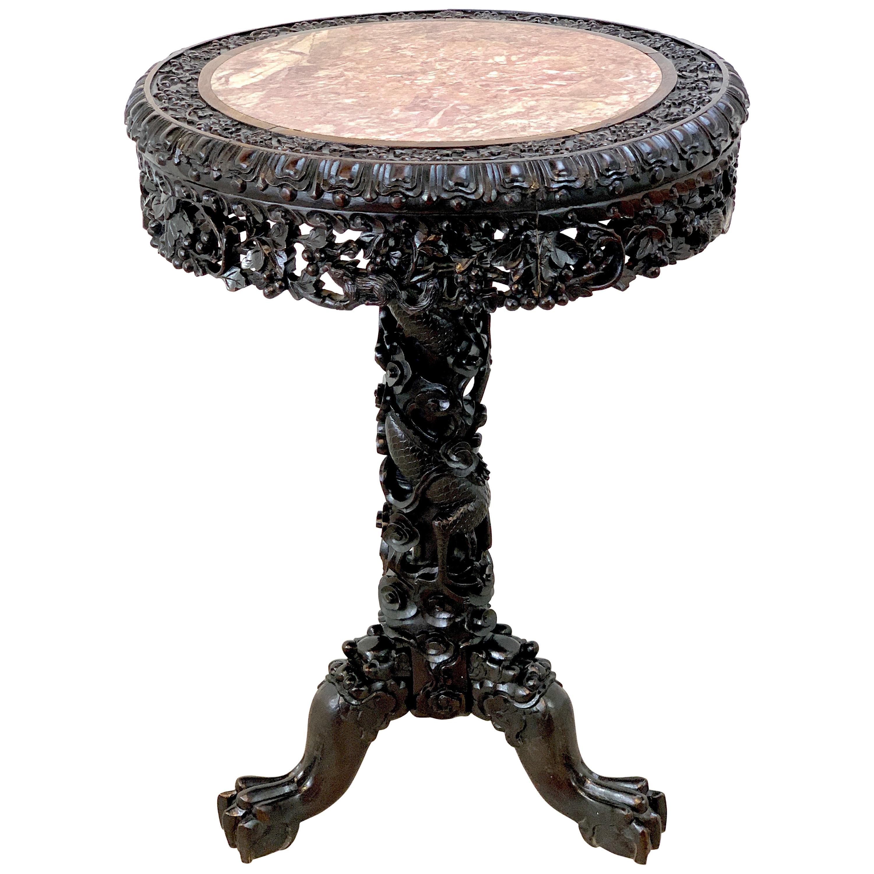 Exquisite 19th Century Chinese Export Carved Hardwood and Marble Table