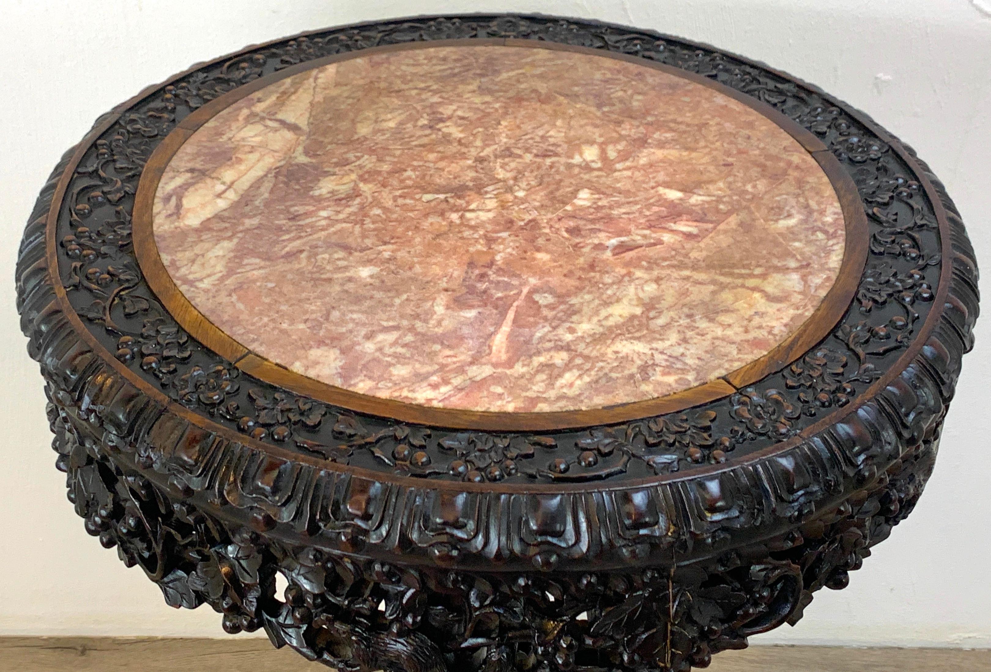 Exquisite 19th Century Chinese Export Carved Hardwood and Marble Table In Good Condition In Atlanta, GA
