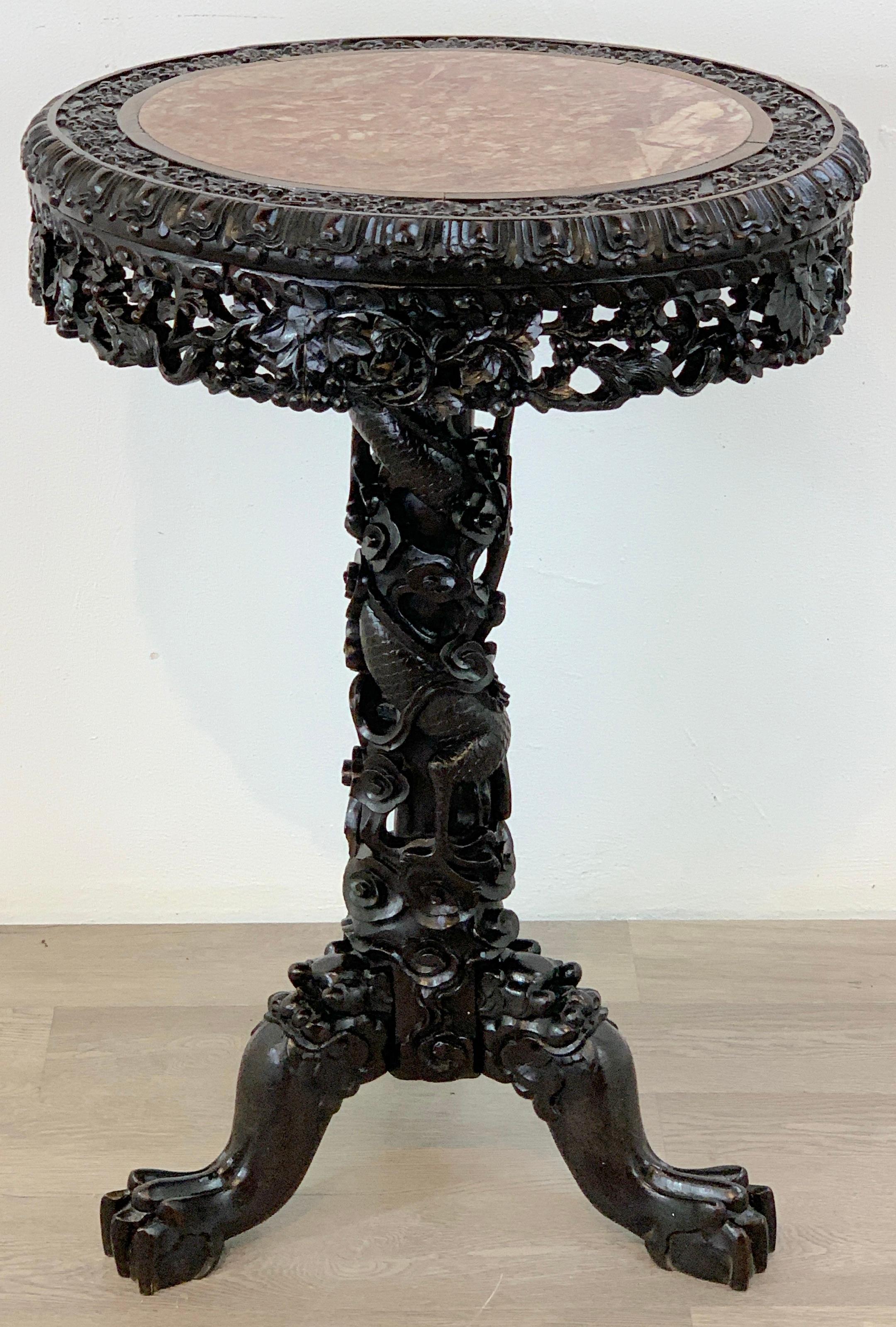 Exquisite 19th Century Chinese Export Carved Hardwood and Marble Table 1