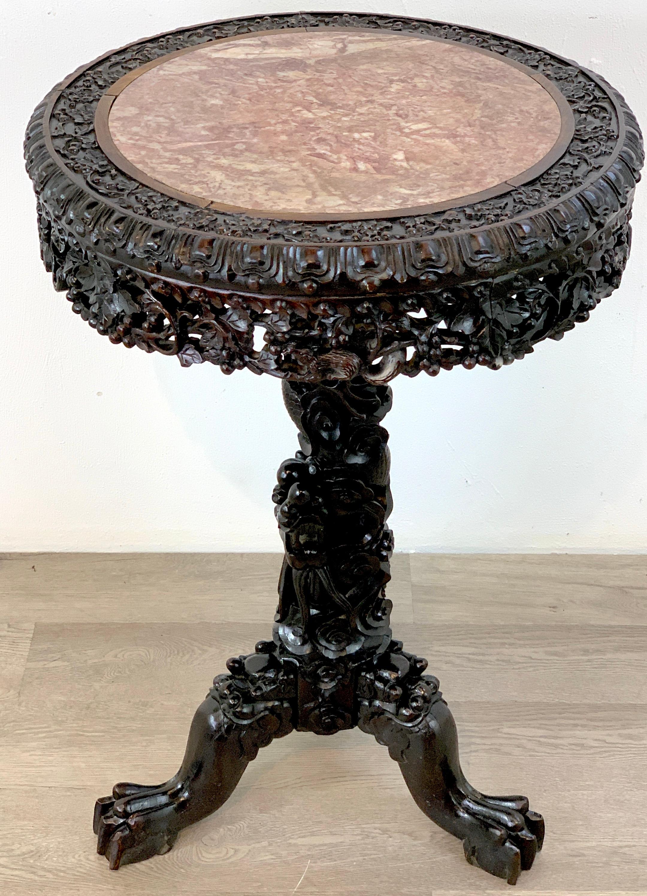 Exquisite 19th Century Chinese Export Carved Hardwood and Marble Table 4