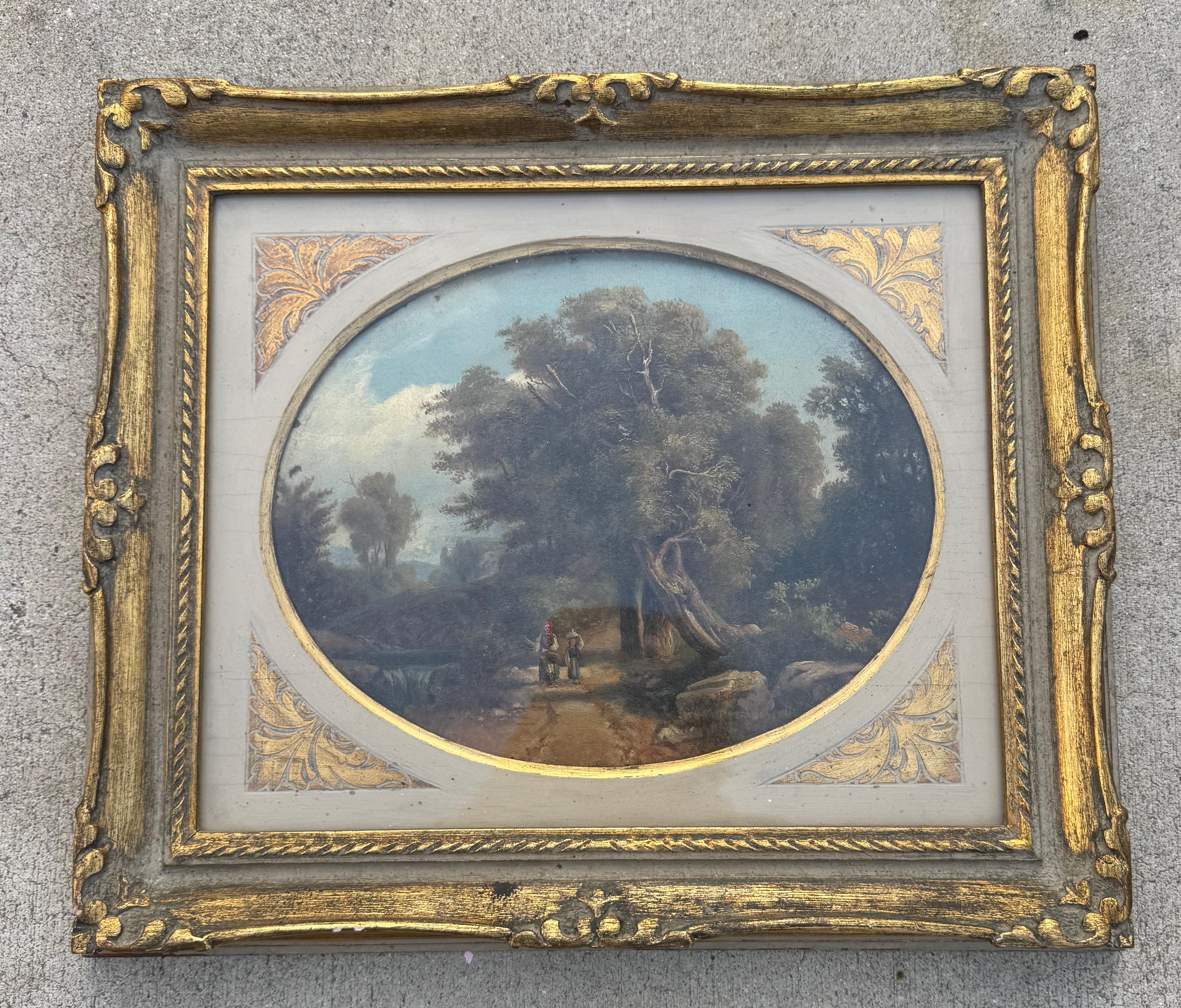 Diese exquisite Florentiner Landschaft aus dem 19. Jahrhundert bietet einen intimen Einblick in die romantische Pastoraltradition, meisterhaft wiedergegeben in einem ovalen Format und in einem verzierten vergoldeten Rahmen. Das Gemälde ist ein