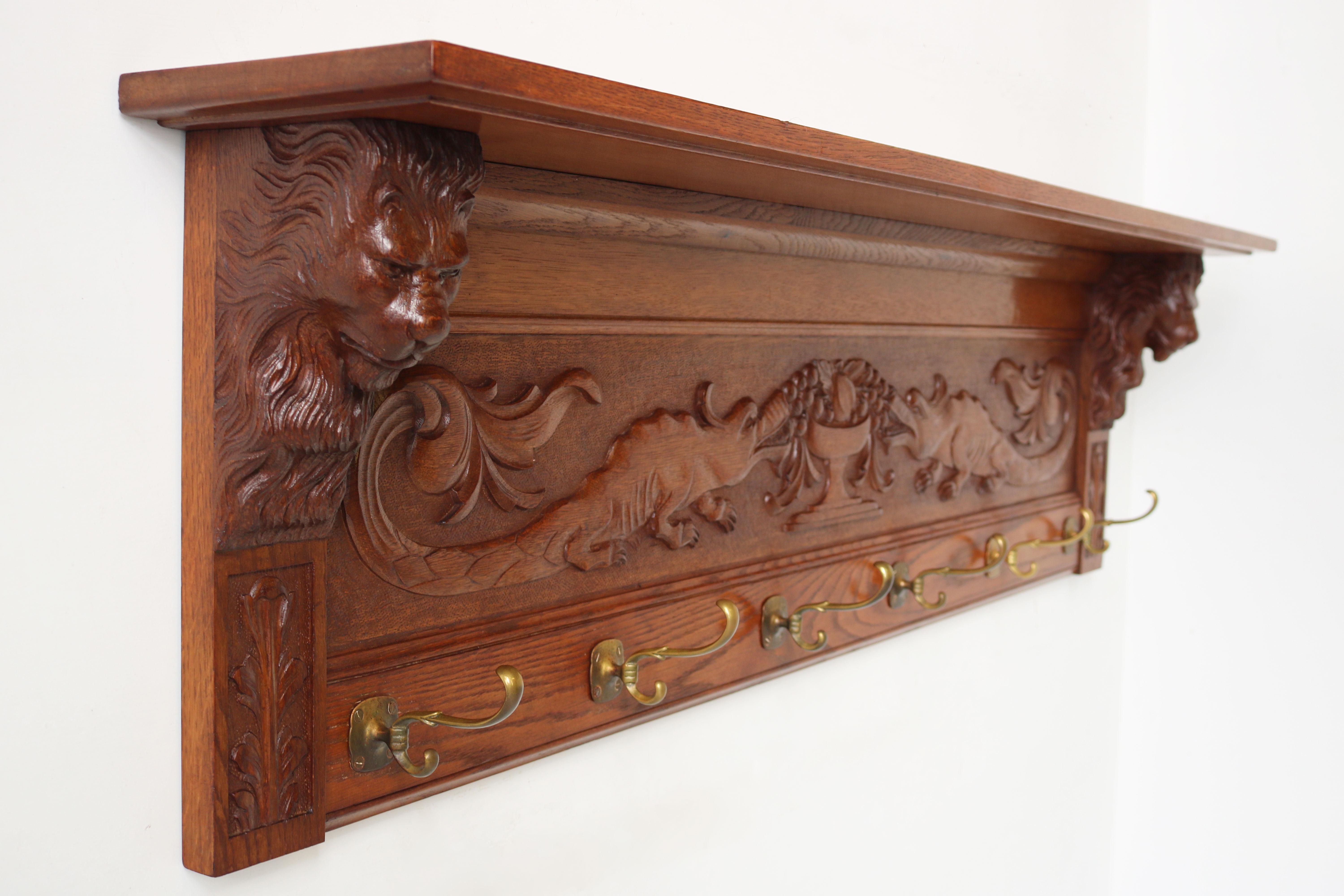 Carved Exquisite 19th Century French Antique Renaissance Revival Coat Rack Lion Masks For Sale