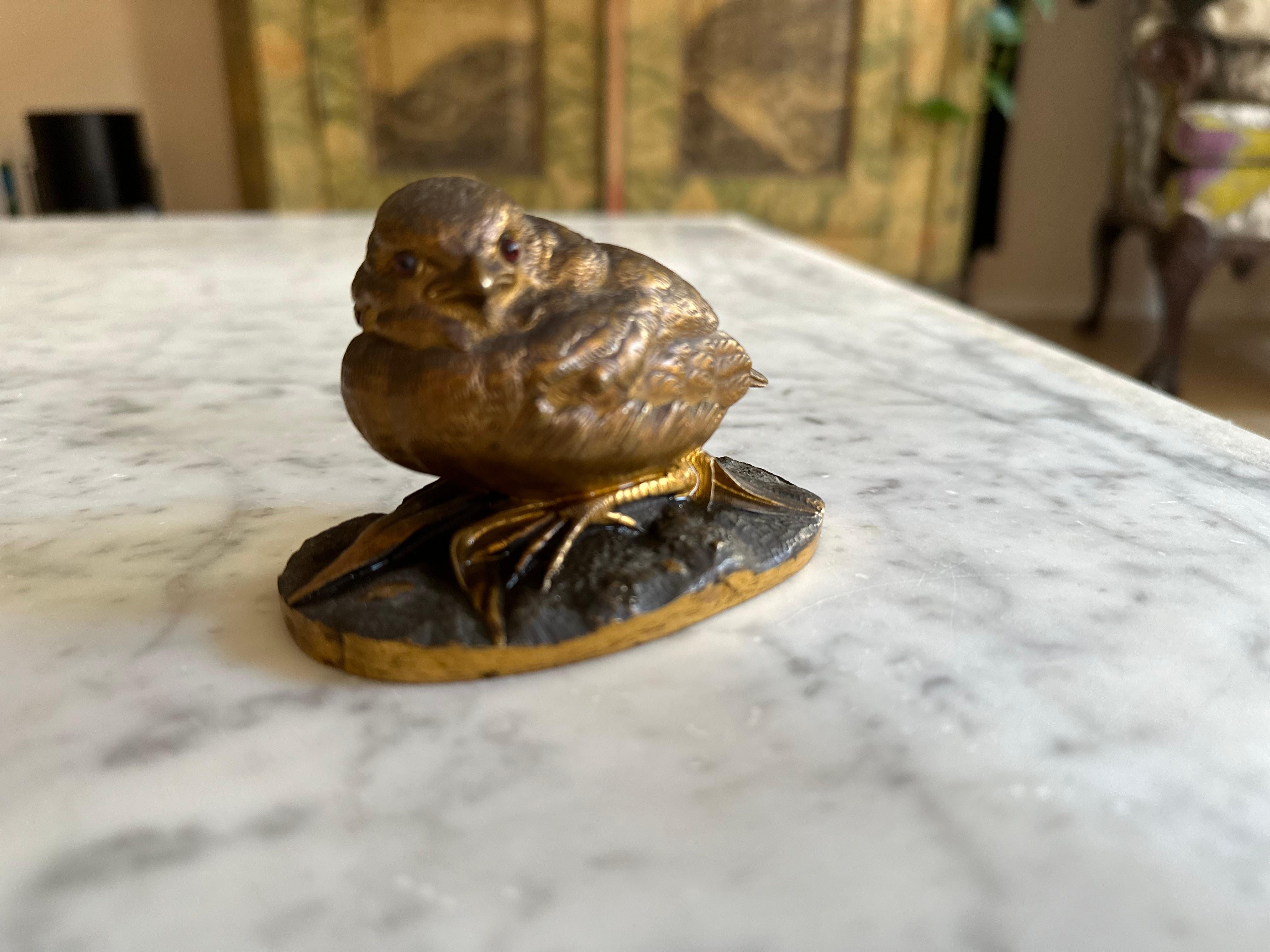French Exquisite 19th Century Gilded Bronze Sparrow Sculpture by Louis Villeminot