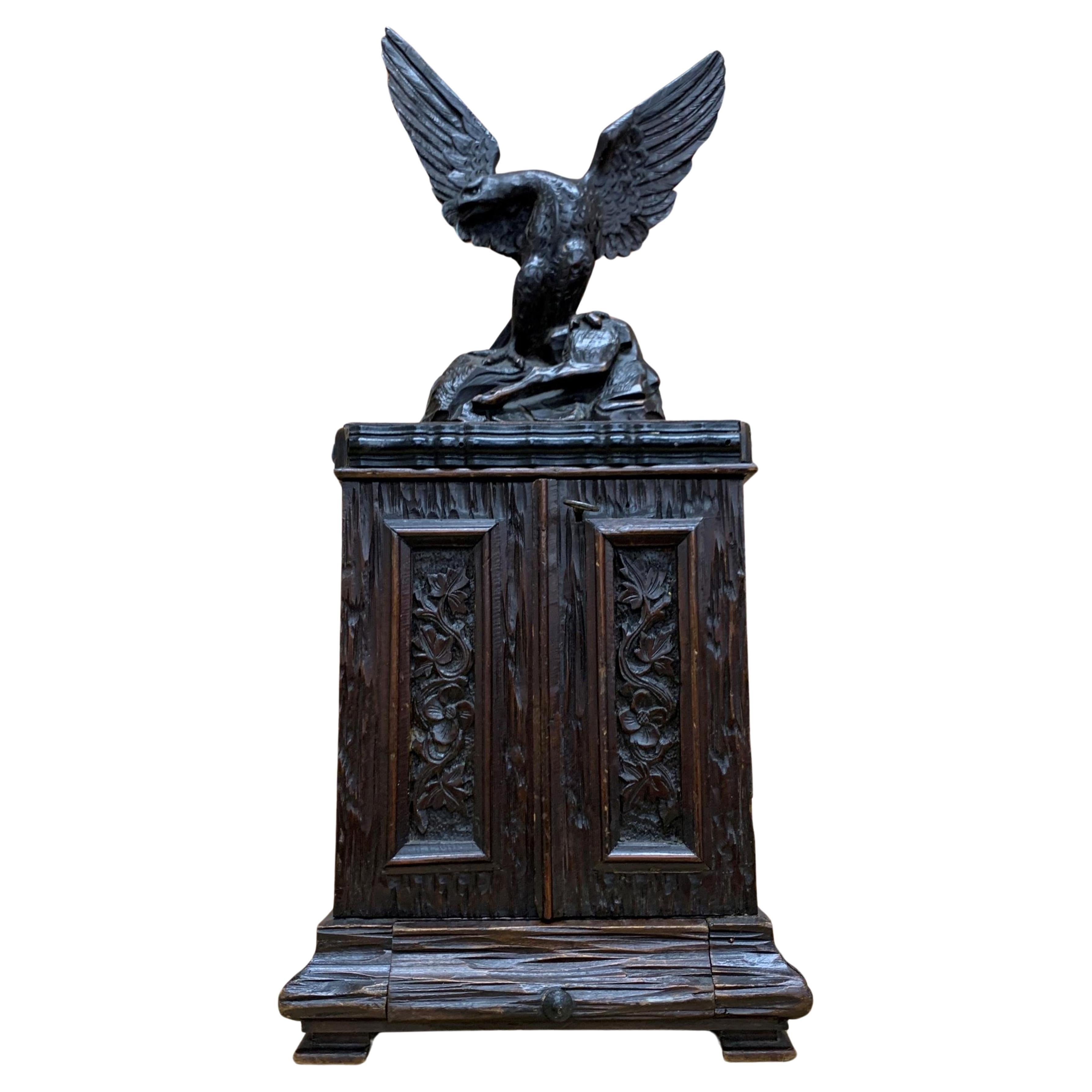 Exquisite 19th Century Black Forest Humidor Hand Carved Cabinet Eagle Mounted  For Sale