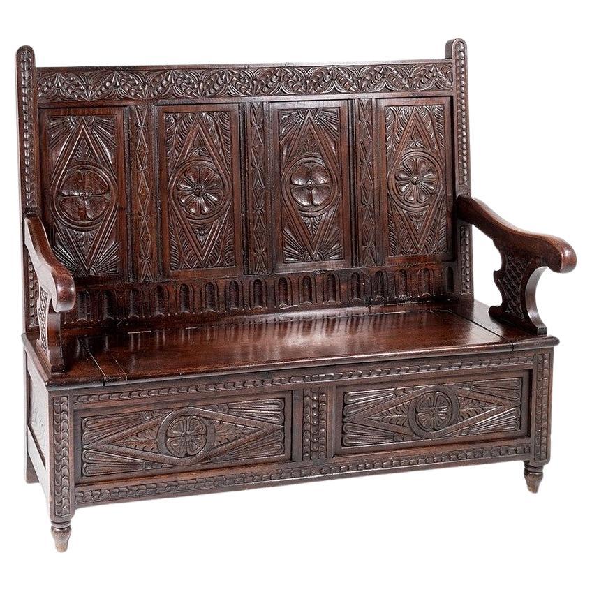 Exquisite 19th Century Heavily Carved Oak Antique Box Settle For Sale