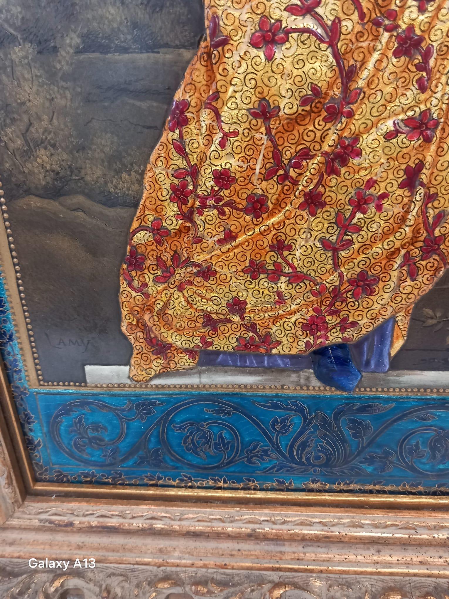 One of the best antique French Limoges enamelled plaques , painted on copper, depicting a beautiful woman with three doves , dressed in the Renaissance style with a beautiful peacock blue enamel border .
Taken from the Renaissance period and