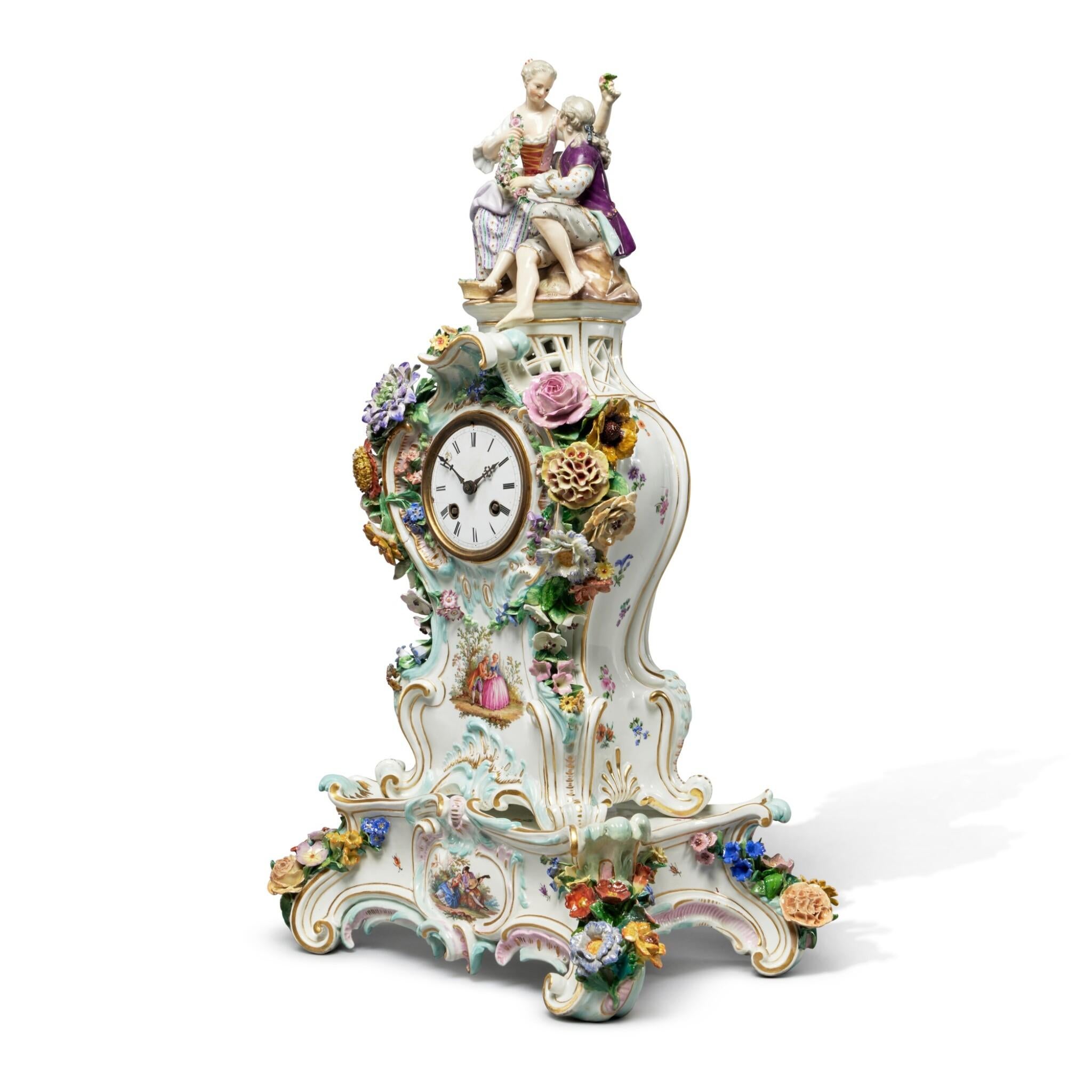 Rococo Exquisite 19th Century Meissen Porcelain Clock Case and Stand For Sale