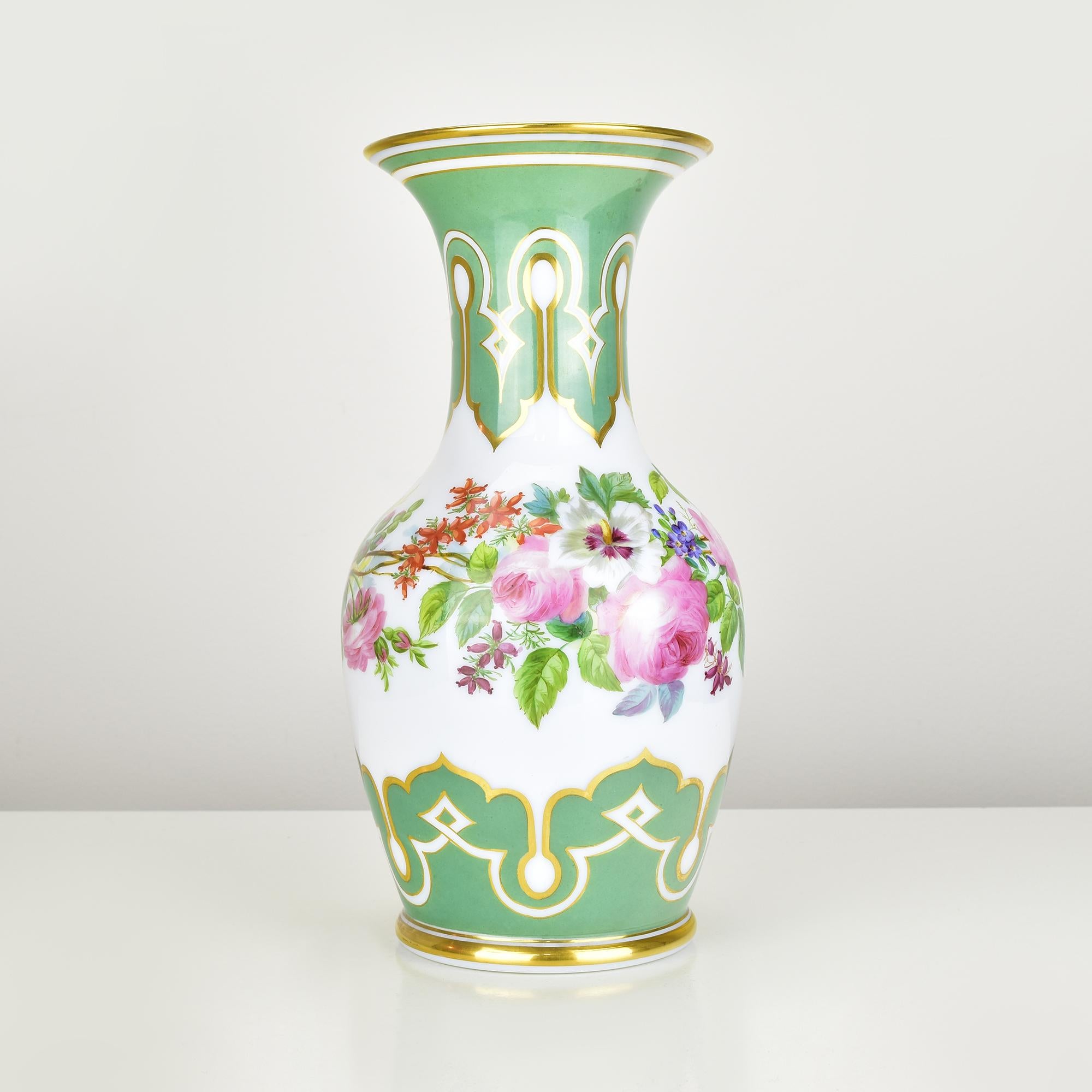 Hand-Painted Exquisite 19th Century Opaline Glass Vase Handpainted, Attributed to Baccarat or For Sale