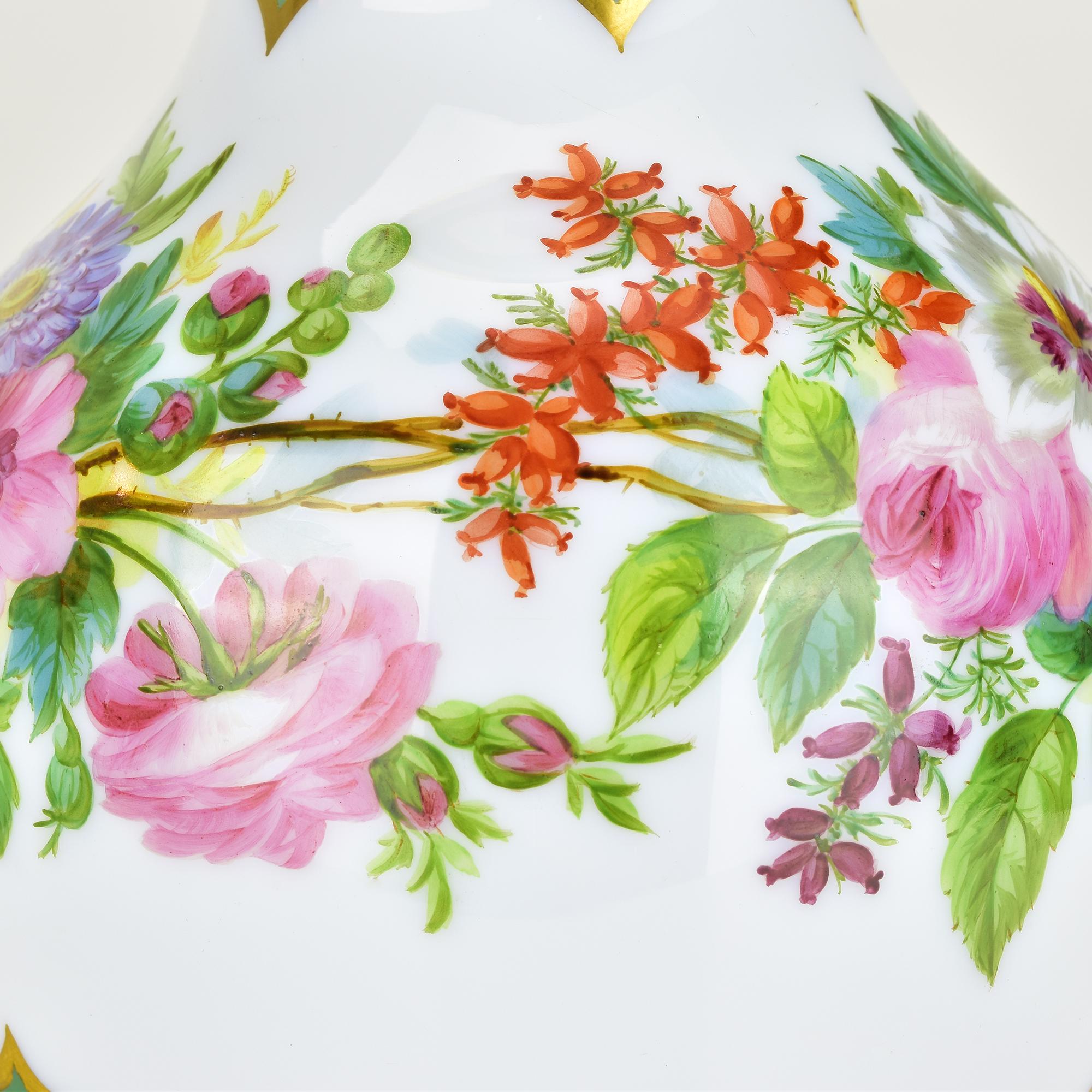 Mid-19th Century Exquisite 19th Century Opaline Glass Vase Handpainted, Attributed to Baccarat or For Sale