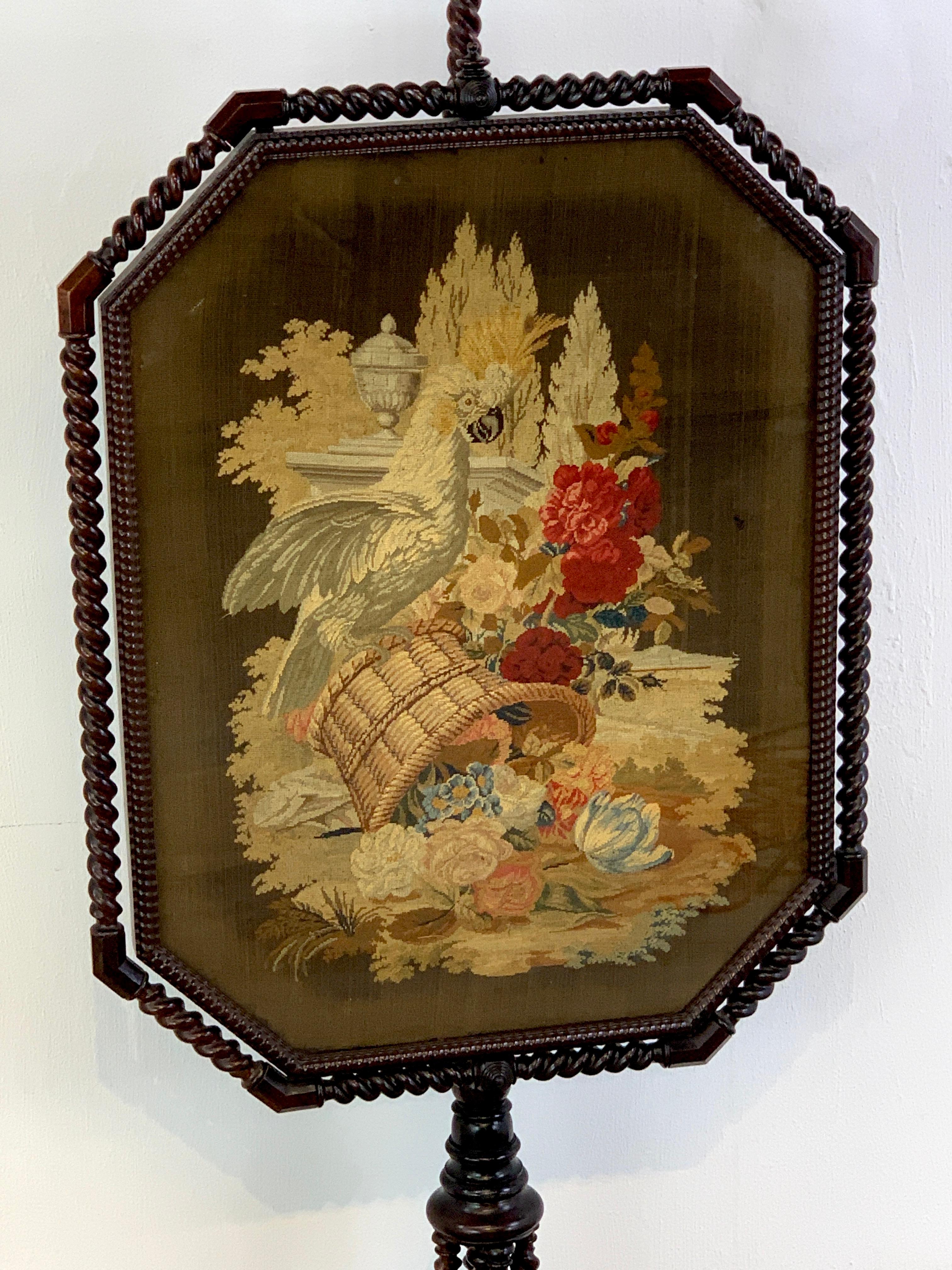 High Victorian Exquisite 19th Century Rosewood & Needlepoint Cockatoo in Landscape Firescreen For Sale