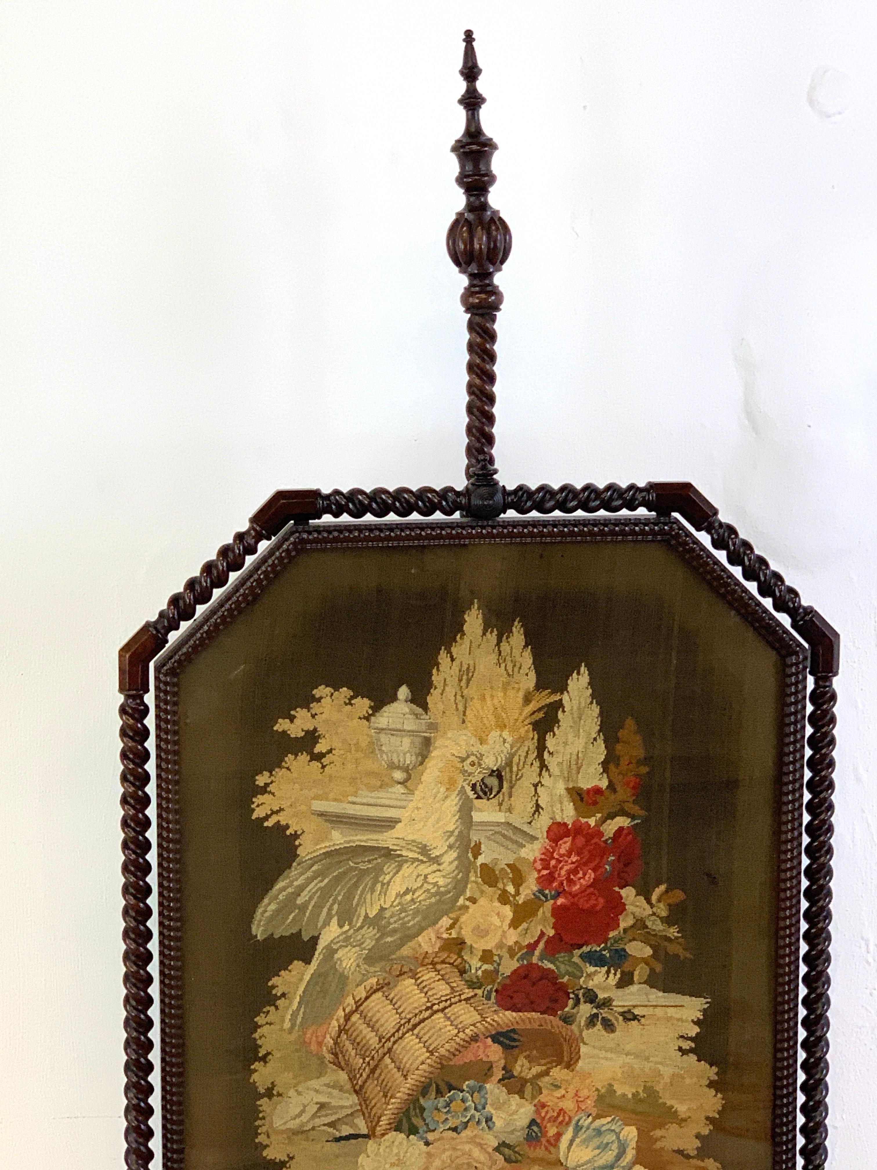 High Victorian Exquisite 19th Century Rosewood & Needlepoint Cockatoo in Landscape Firescreen