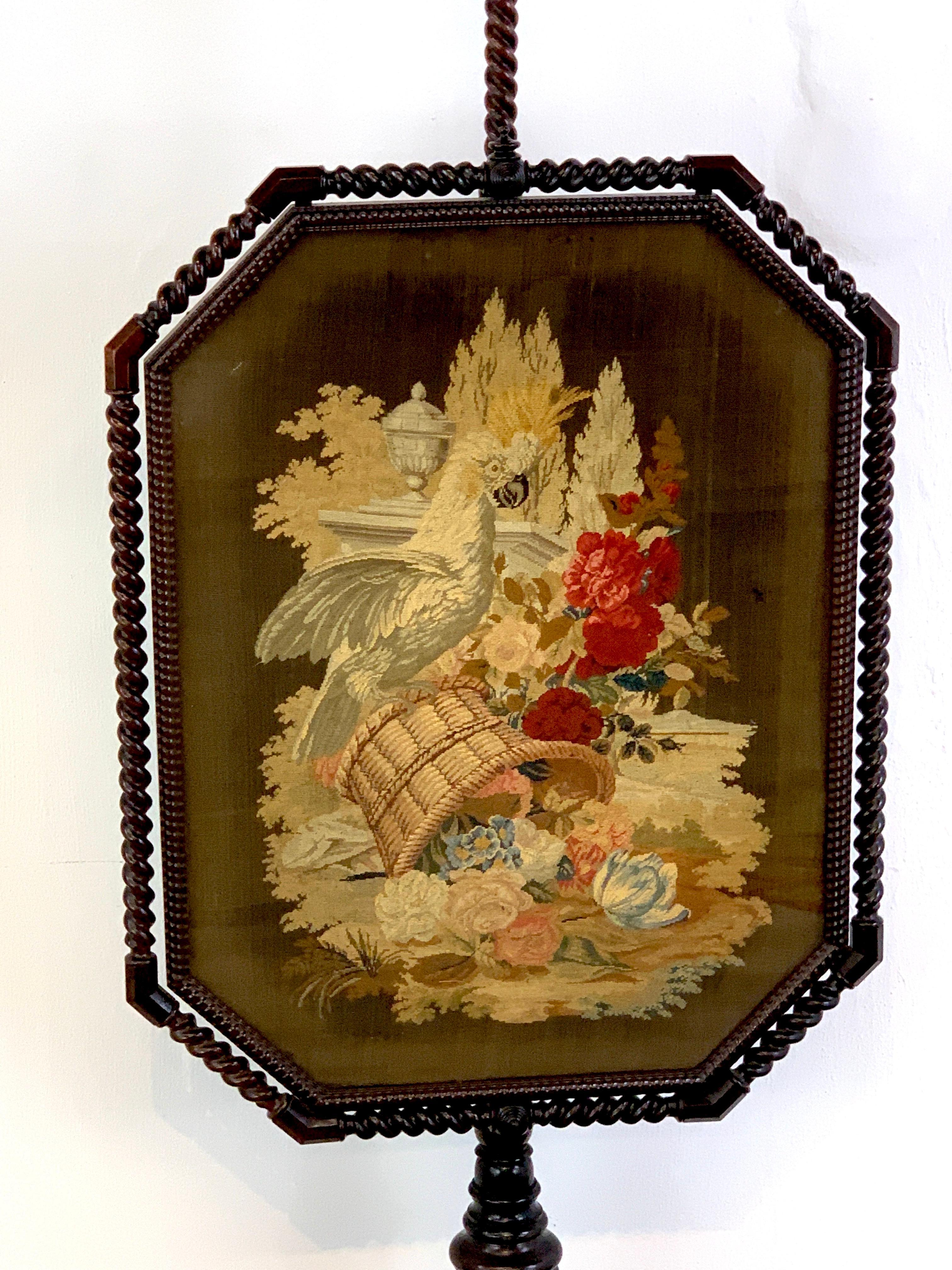English Exquisite 19th Century Rosewood & Needlepoint Cockatoo in Landscape Firescreen