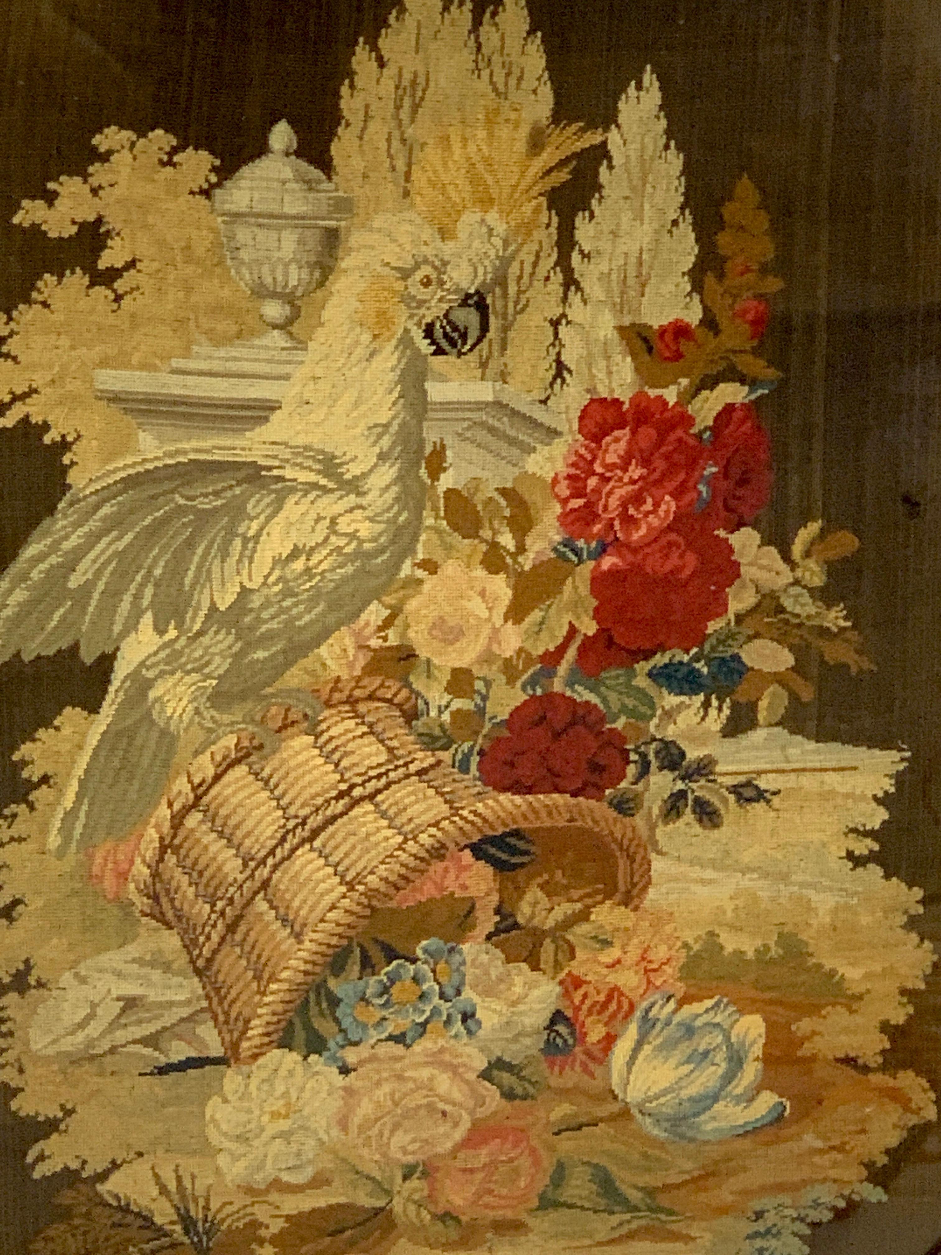 Hand-Carved Exquisite 19th Century Rosewood & Needlepoint Cockatoo in Landscape Firescreen