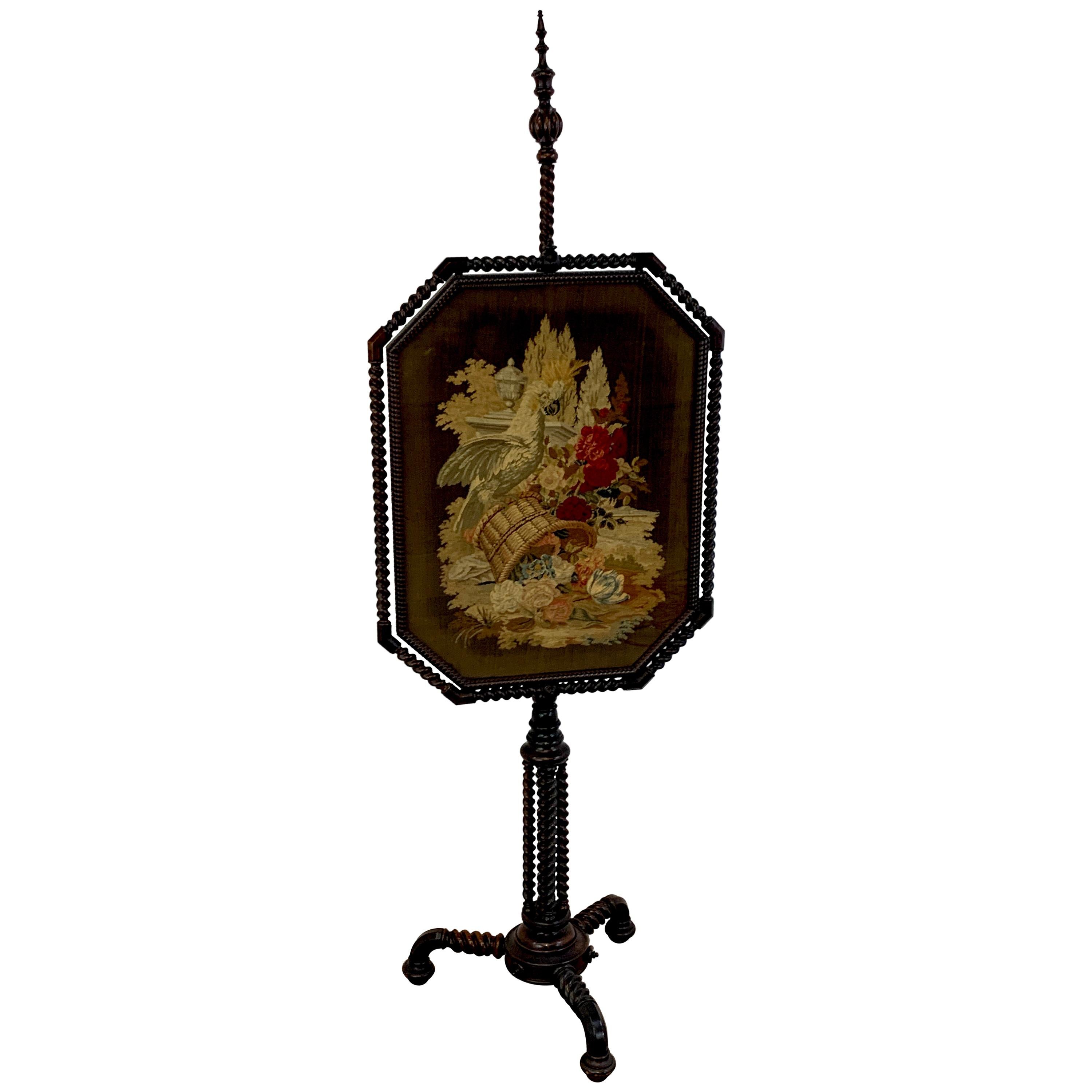 Exquisite 19th Century Rosewood & Needlepoint Cockatoo in Landscape Firescreen For Sale
