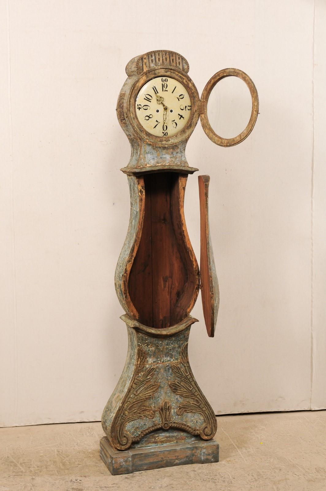 Exquisite 19th Century Swedish Wood Floor Clock with Wonderful Carved Accents 1