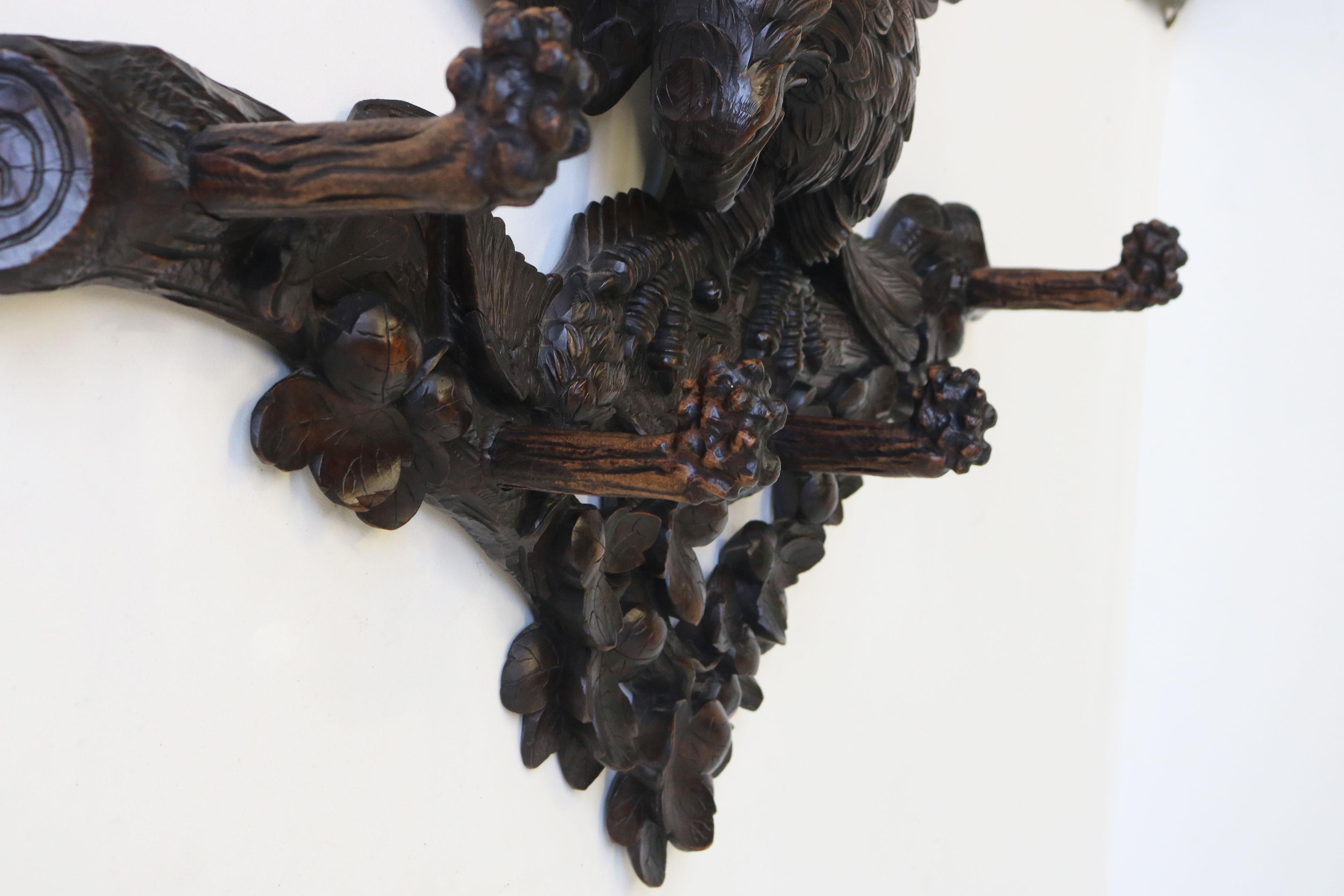 Exquisite 19th century Swiss Black Forest Coat rack carved eagle hallway antique For Sale 5