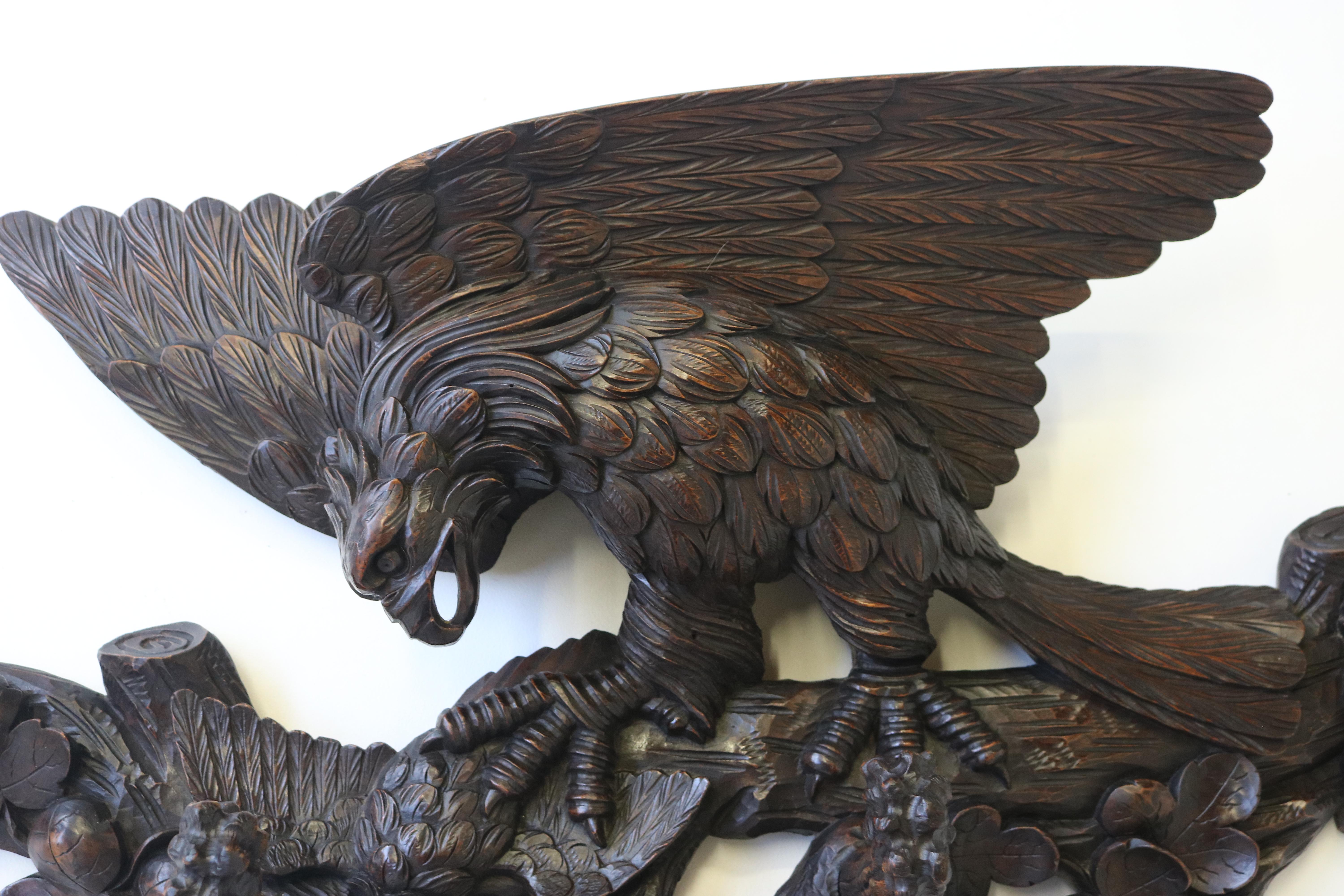 Exquisite 19th century Swiss Black Forest Coat rack carved eagle hallway antique For Sale 7