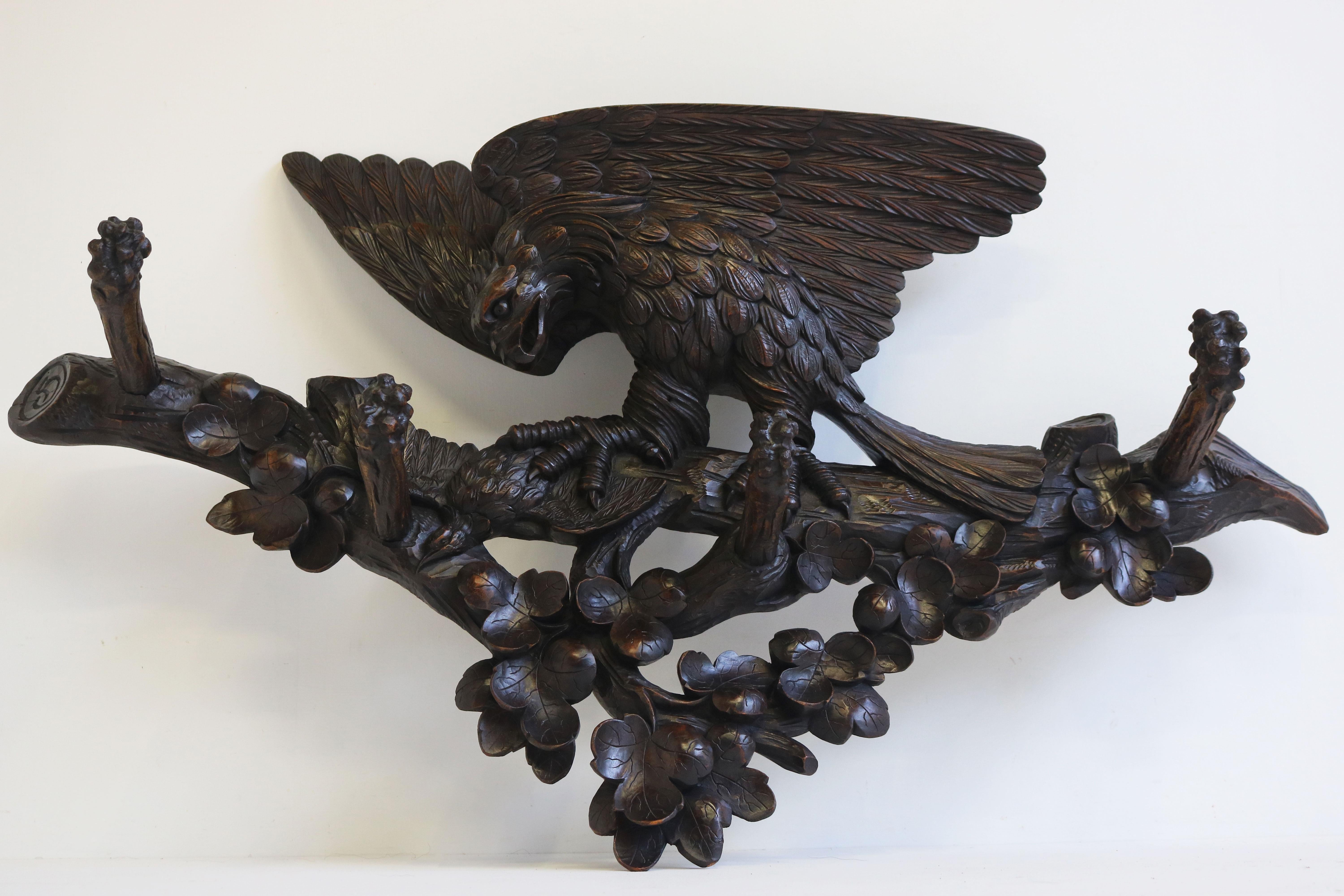 Exquisite 19th century Swiss Black Forest Coat rack carved eagle hallway antique For Sale 9