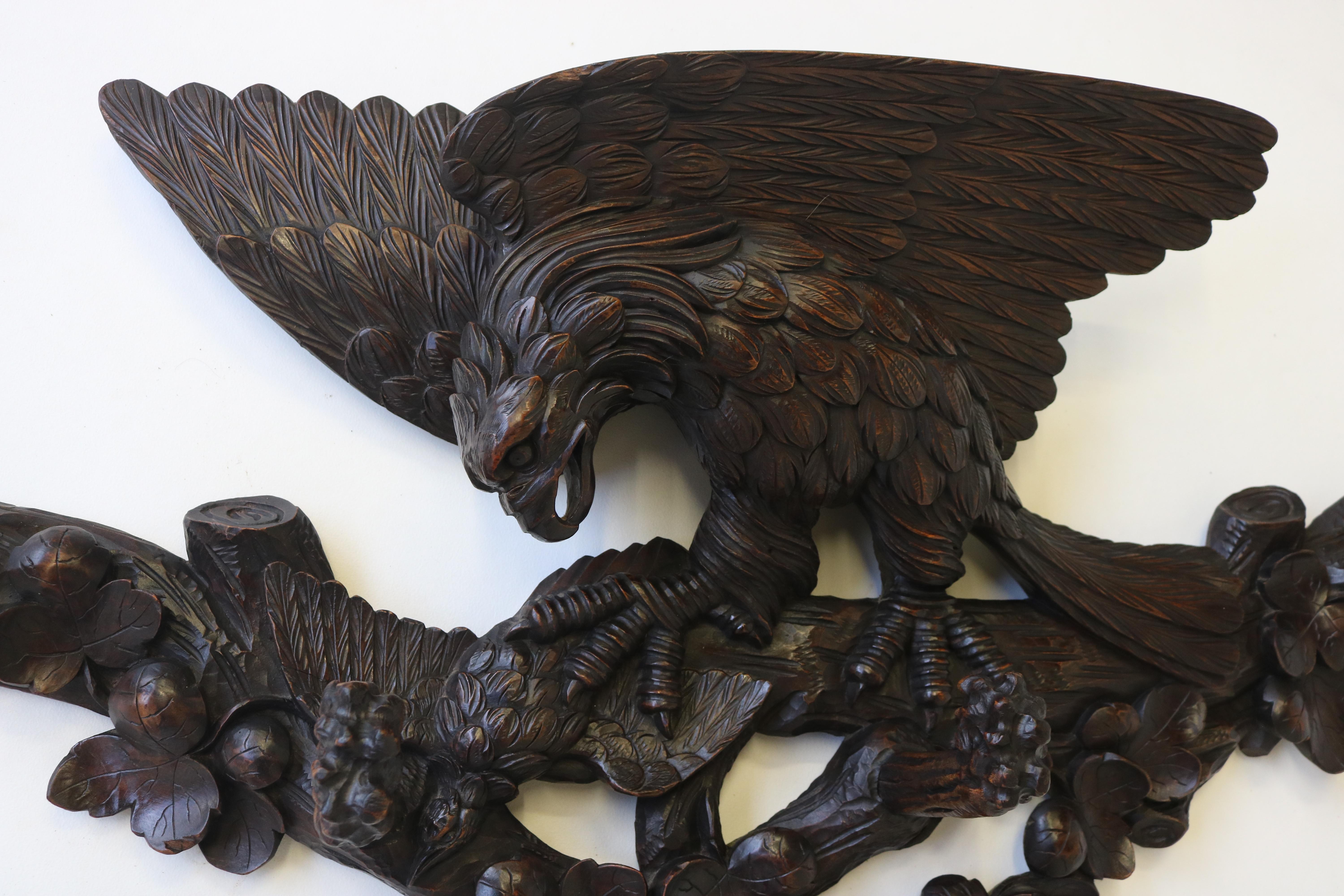Hand-Carved Exquisite 19th century Swiss Black Forest Coat rack carved eagle hallway antique For Sale