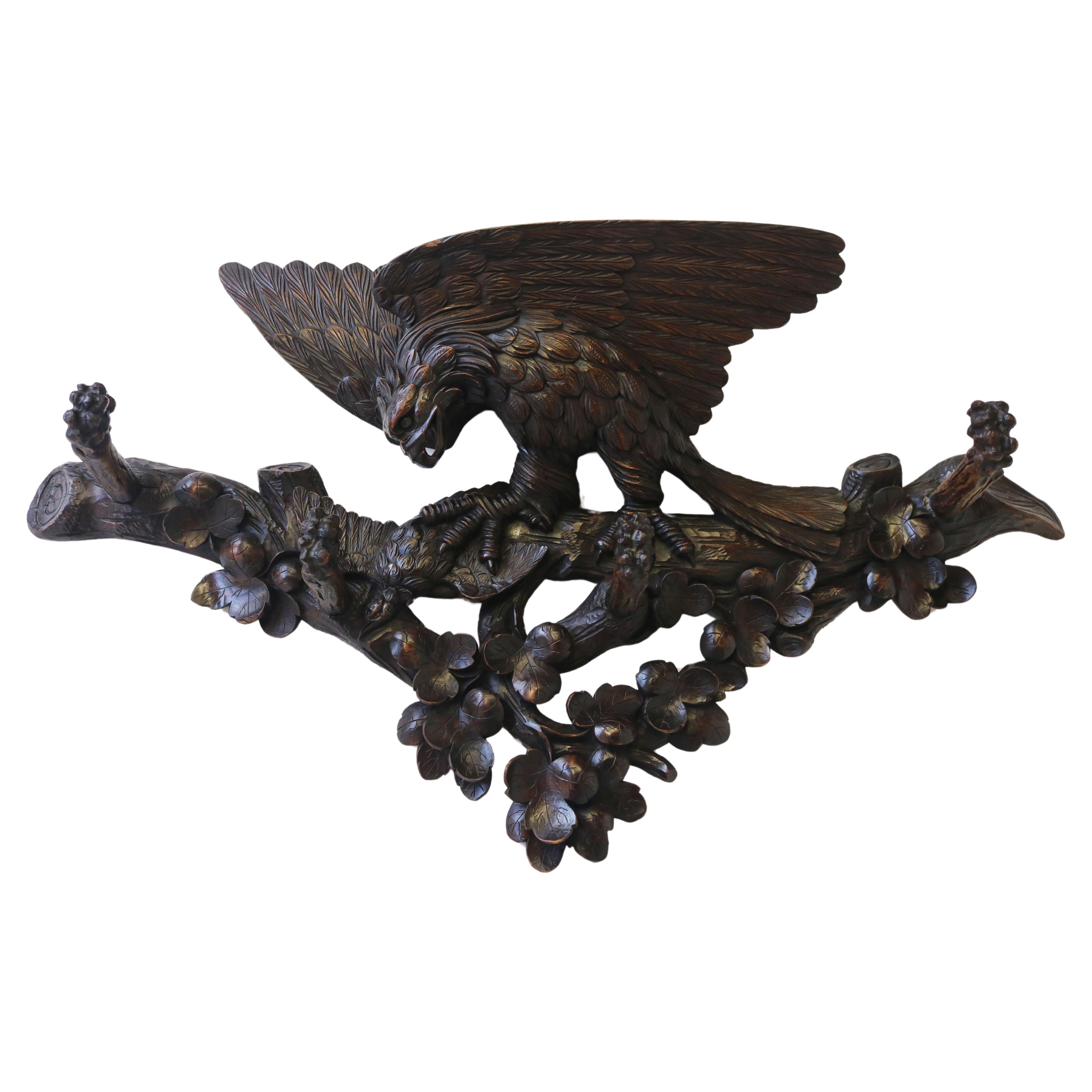Exquisite 19th century Swiss Black Forest Coat rack carved eagle hallway antique For Sale