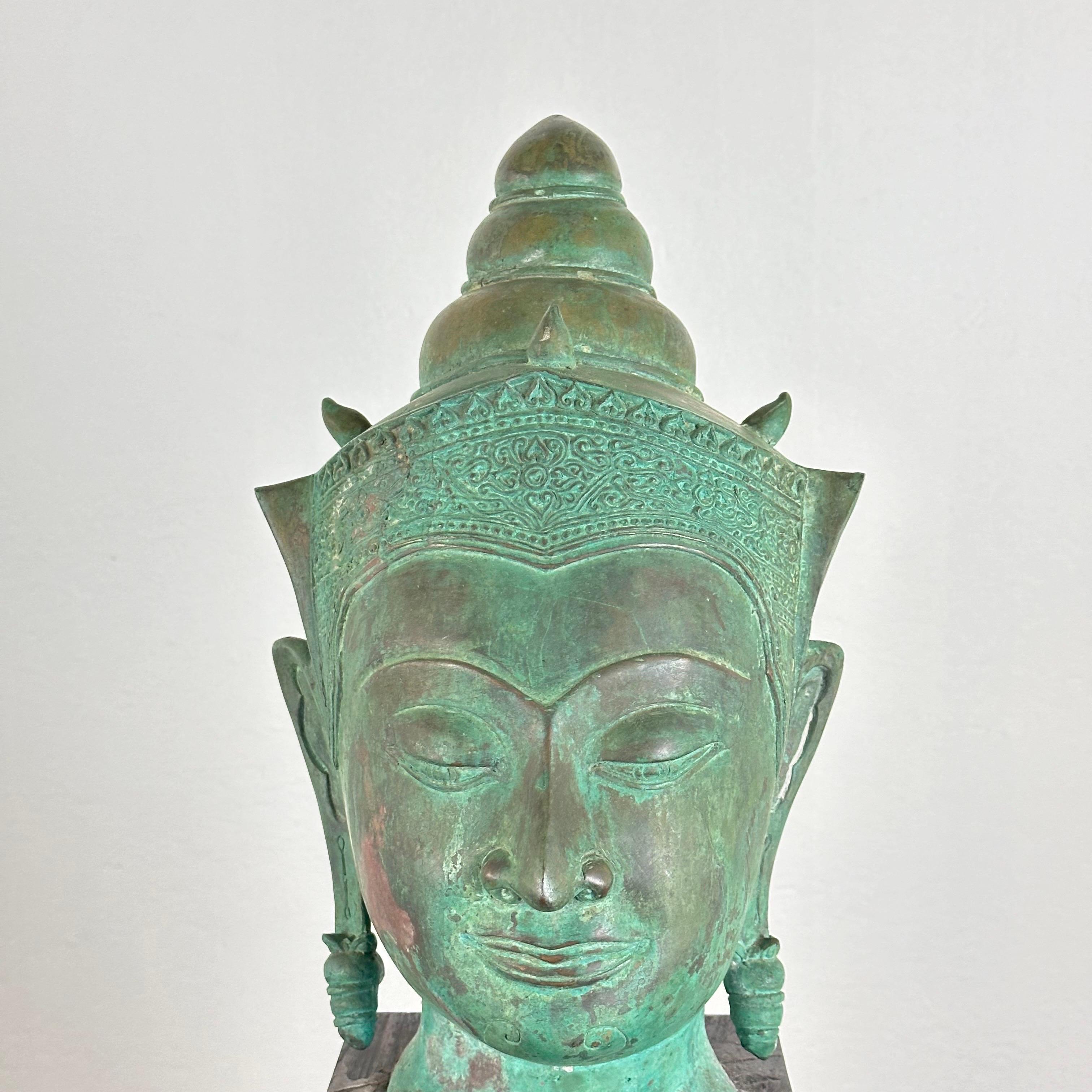 Romantic Exquisite 19th Century Thai Bronze Buddha Head on Wooden Base For Sale