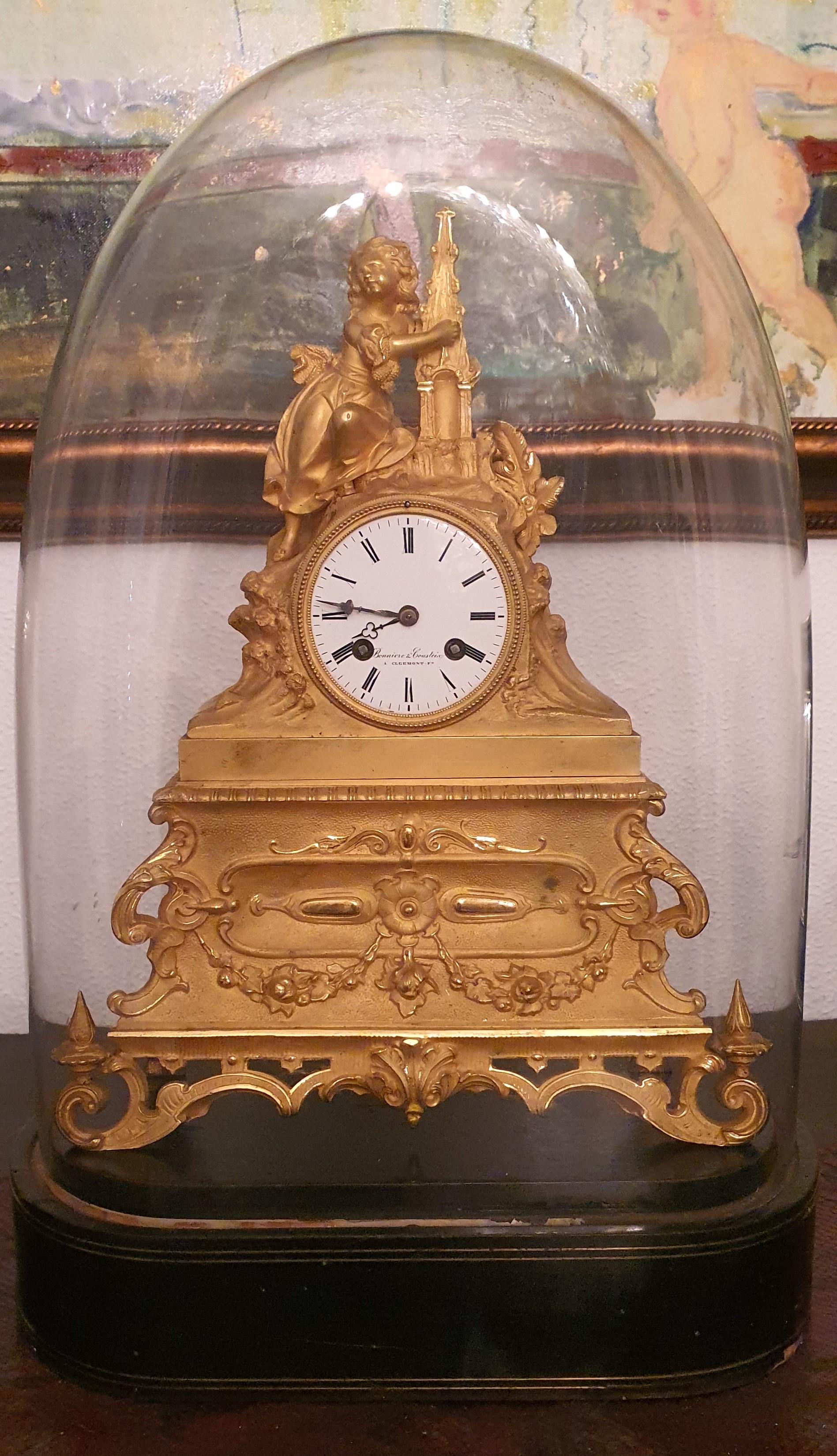 19th Century Exquisite 19th Gothic Revival Mantle Clock of Young Girl Holding Spire by Pons For Sale