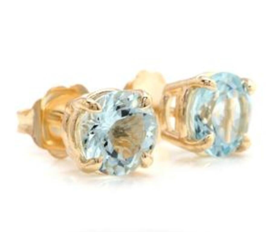 Boucles d'oreilles en or jaune massif 14K, aigue-marine naturelle exquise de 2,00 carats

Une pièce étonnante !

Poids total de l'aigue-marine bleue naturelle de taille ronde : Approx. 2.00 Carats (les deux boucles d'oreilles)

Traitement de