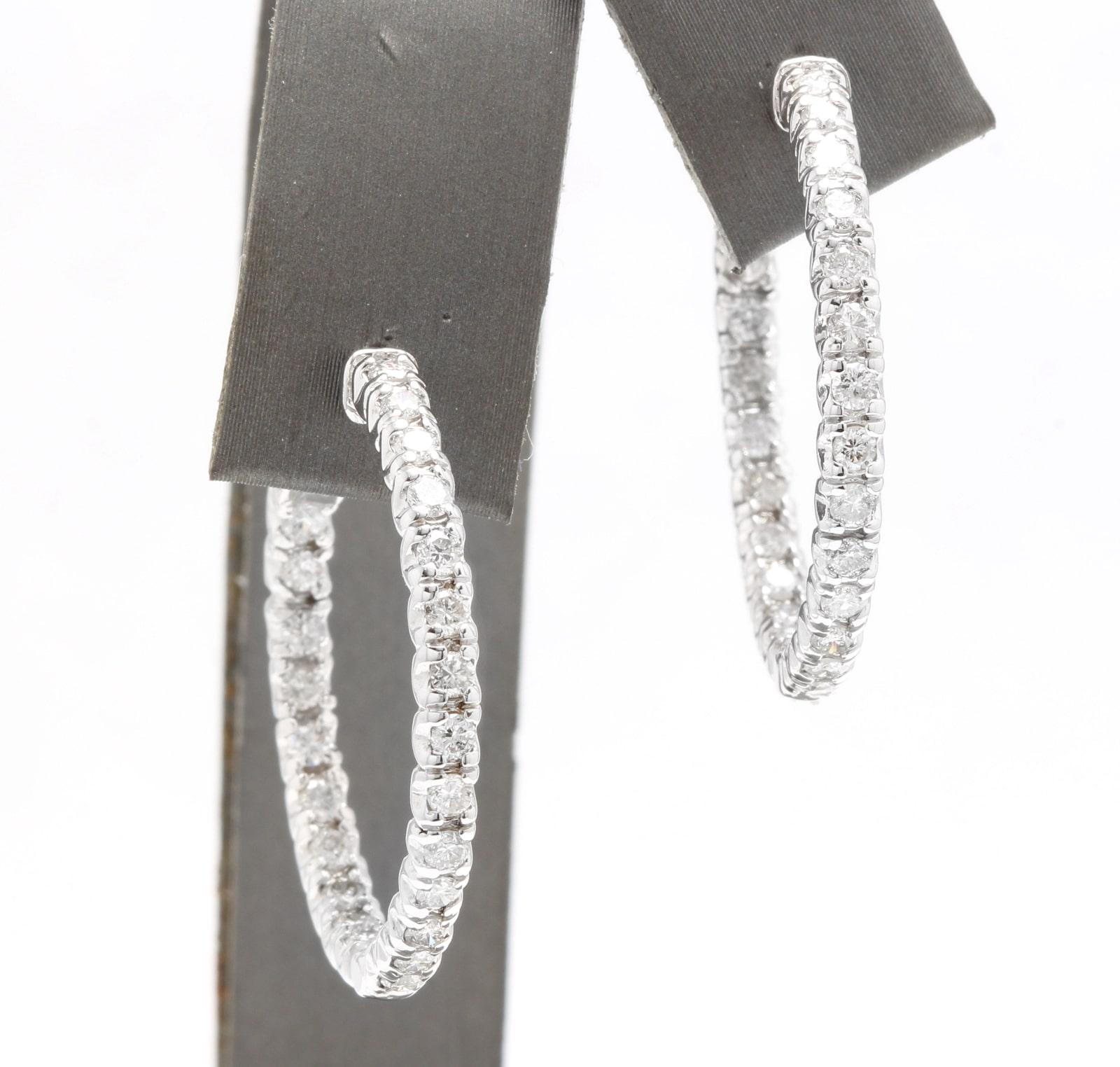 Round Cut Exquisite 2.00 Carat Natural Diamond 14 Karat Solid White Gold Hoop Earrings For Sale