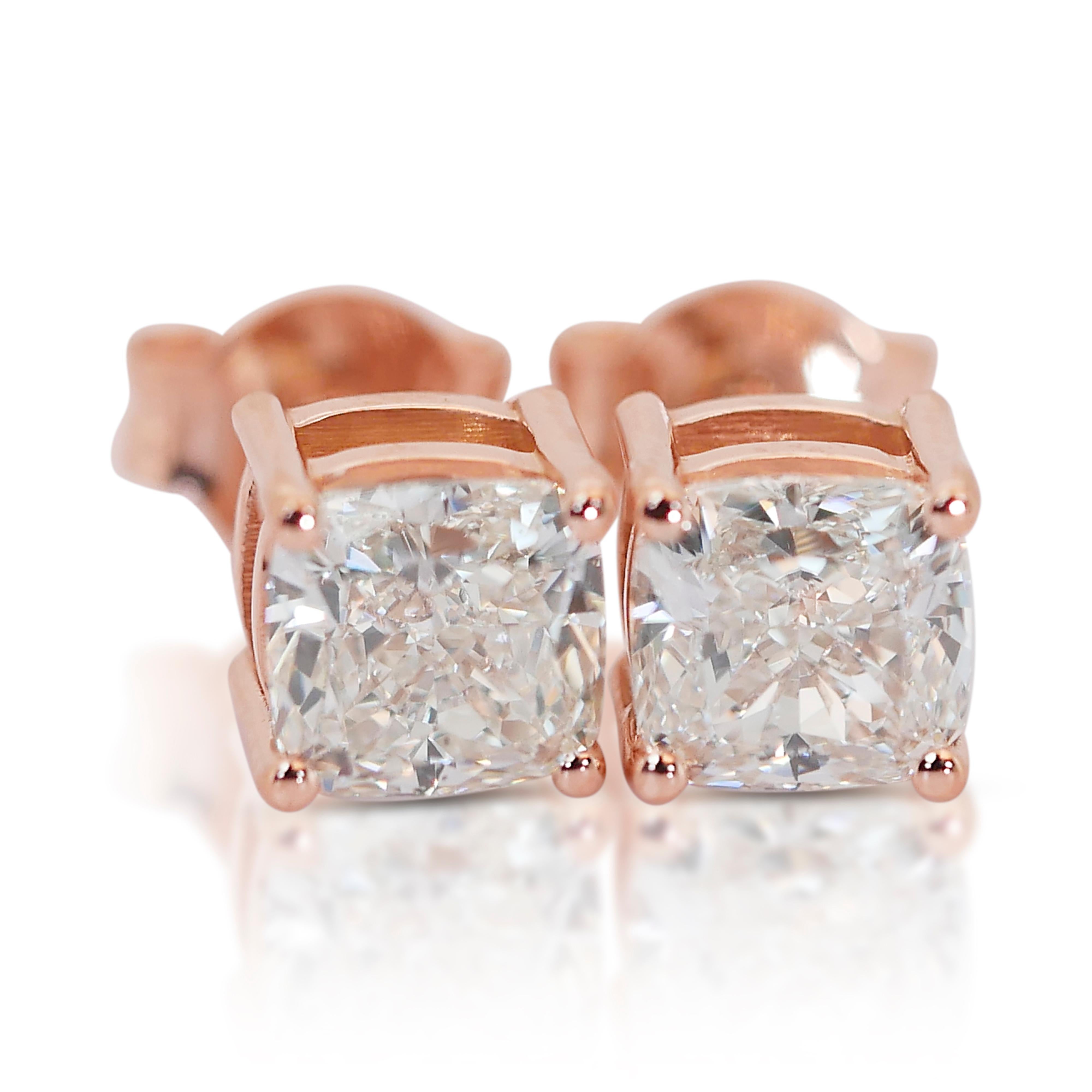 Cushion Cut Exquisite 2.00ct Diamonds Stud Earrings in 18k Rose Gold - GIA Certified For Sale