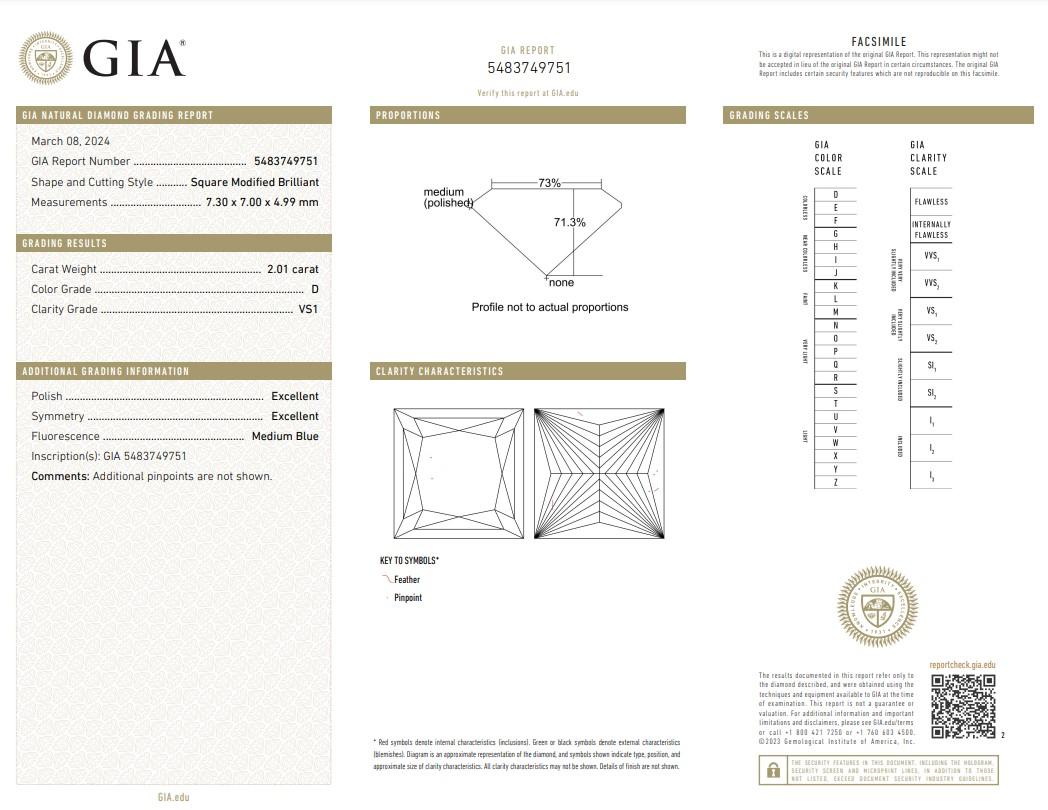 Diamant exquis de forme carrée à taille idéale de 2,01ct - certifié GIA

Découvrez l'éclat d'un diamant de forme carrée de 2,01 carats qui définit l'élégance et la sophistication. Certifié par le GIA, ce qui garantit son authenticité et sa valeur.