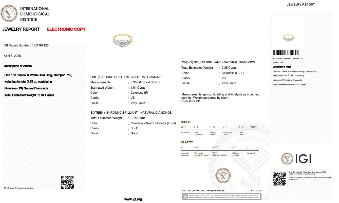Exquise bague à 3 pierres en or jaune et blanc 18 carats avec diamants de 2,04 carats en vente 1