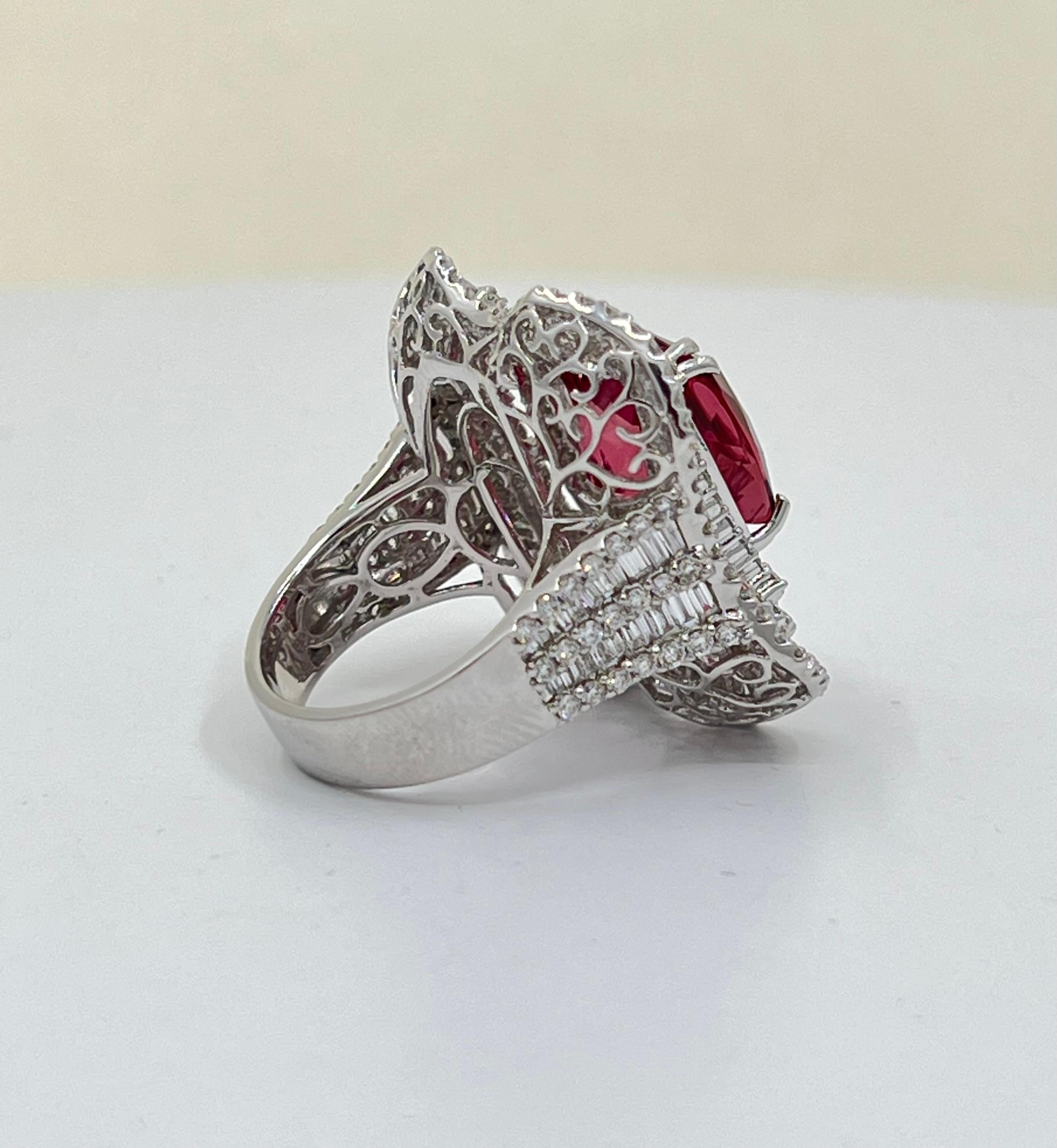 Artisan Exquisite 20.56 Carat Vivid Pink Rubellite and Diamond Ballerina Style 18K Ring
