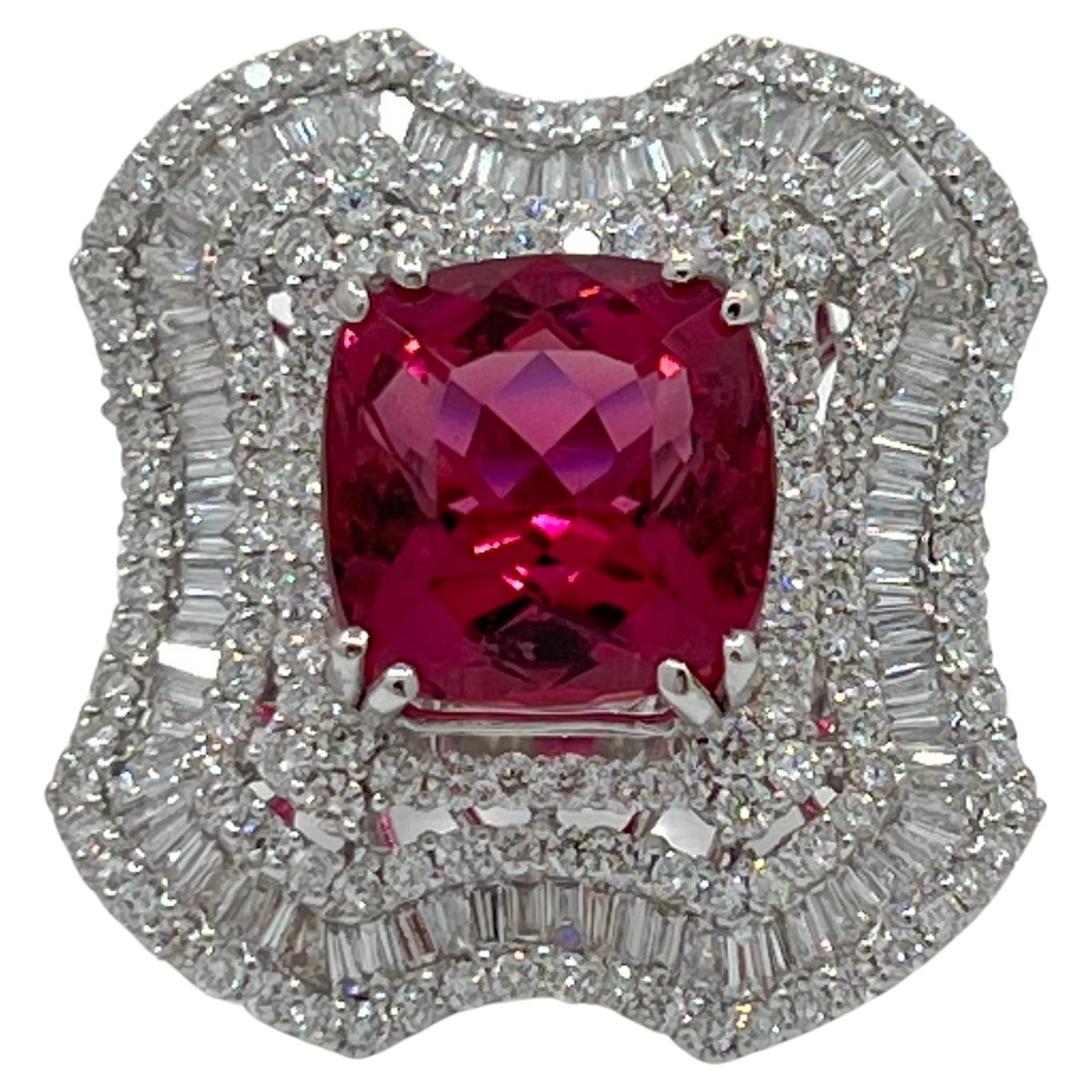 Exquisite 20.56 Carat Vivid Pink Rubellite and Diamond Ballerina Style 18K Ring