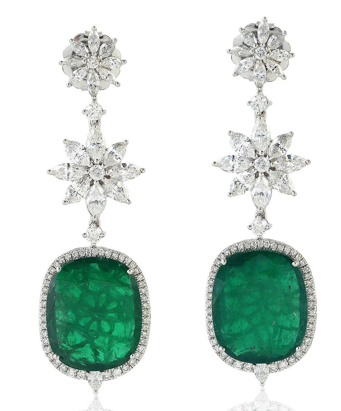 Rose Cut 20.74 Carat Emerald Diamond 14 Karat Gold Earrings For Sale