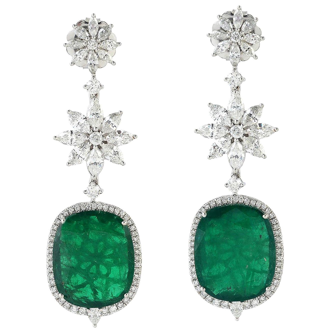 20.74 Carat Emerald Diamond 14 Karat Gold Earrings