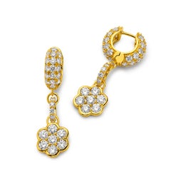 Exquisite 20K Yellow Gold and Diamond Flower Huggie Drop Earrings by Buddha Mama