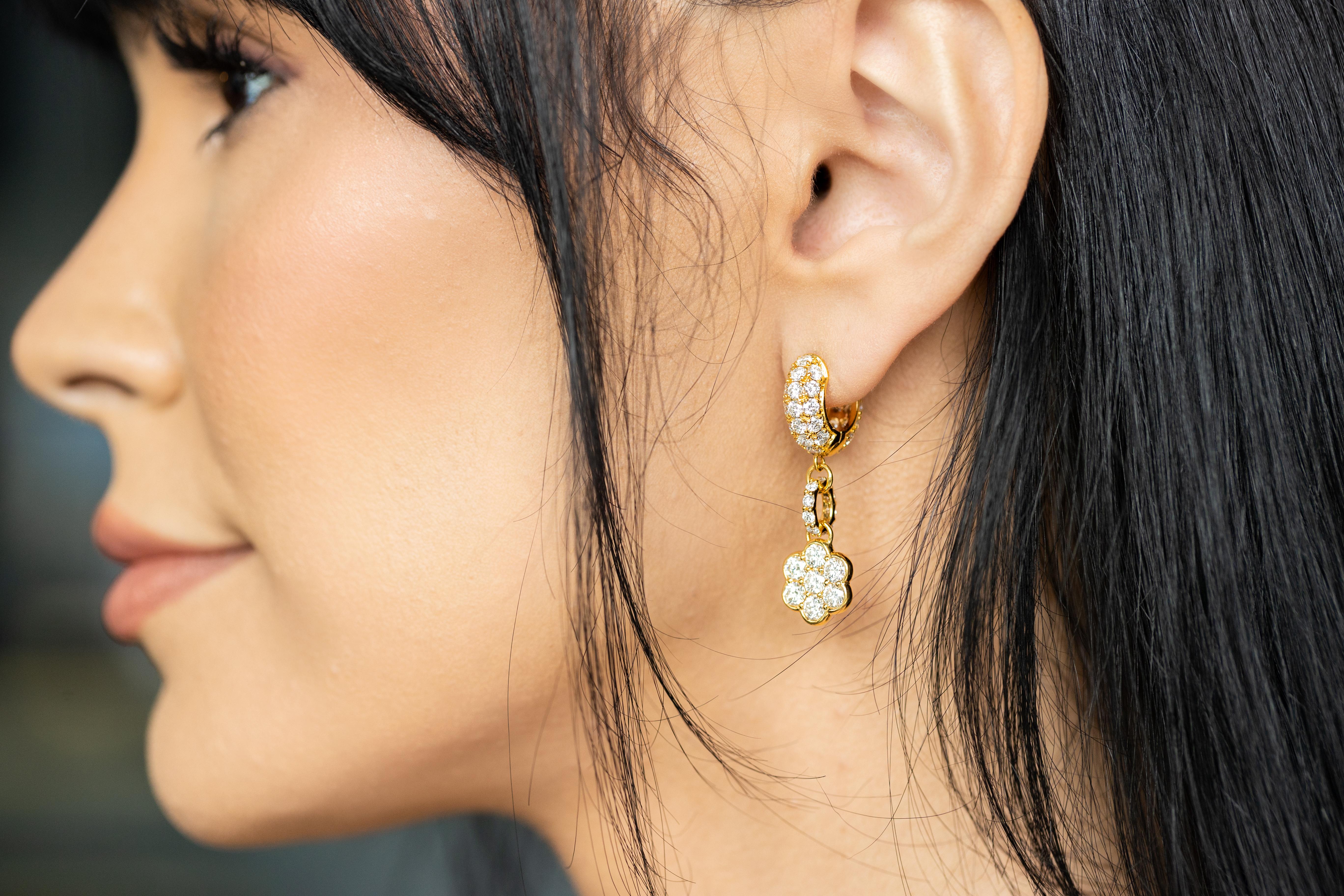 Modern Exquisite 20K Yellow Gold and Diamond Flower Huggie Drop Earrings by Buddha Mama For Sale