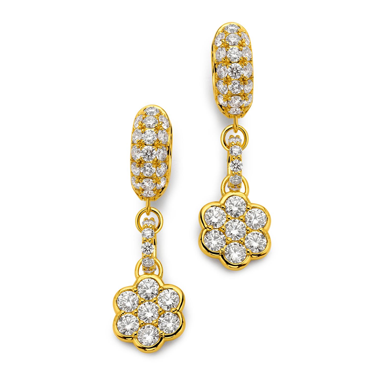 Brilliant Cut Exquisite 20K Yellow Gold and Diamond Flower Huggie Drop Earrings by Buddha Mama For Sale