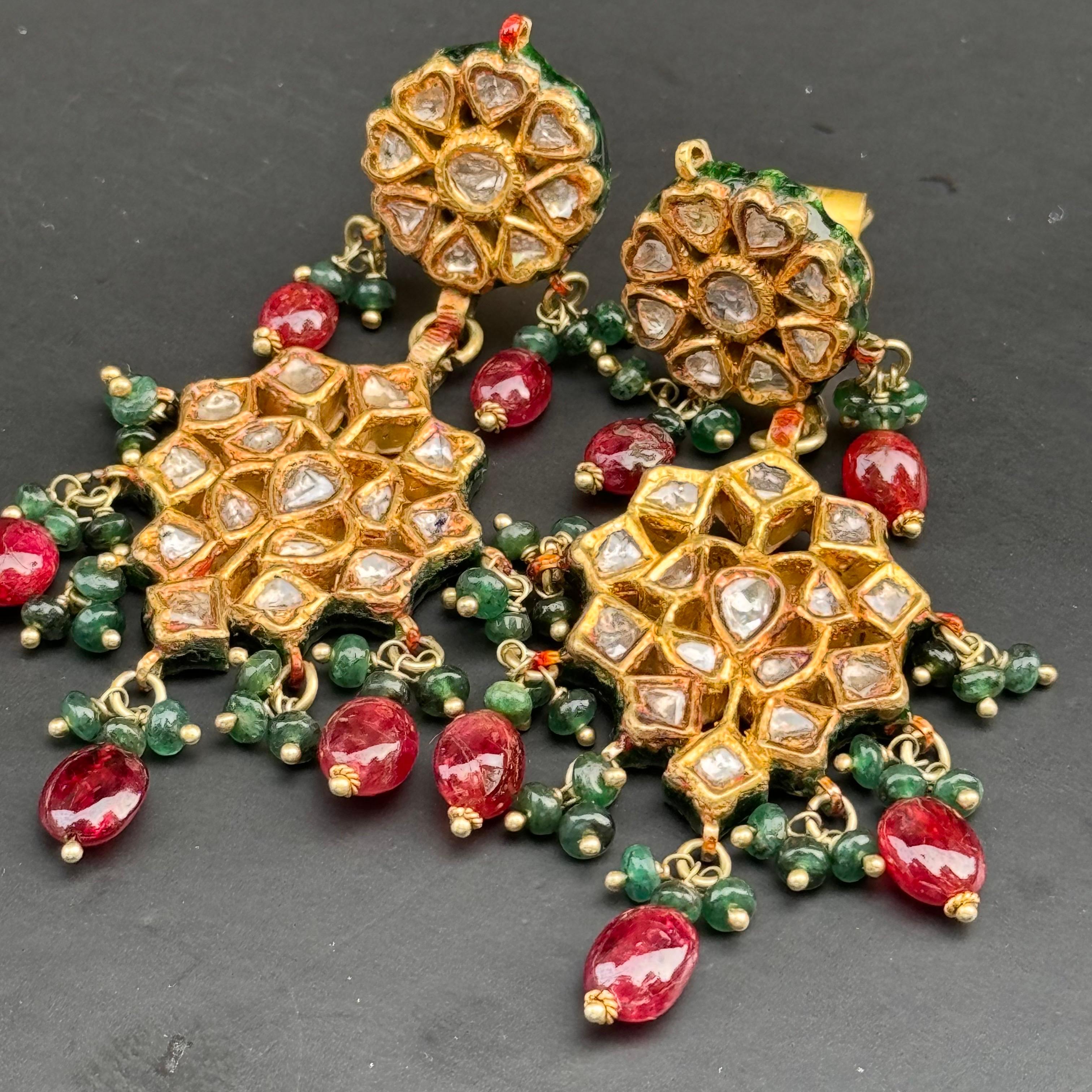 Mughal 20kt Gold Diamond Emerald Rubies Enamel Earrings For Sale 6