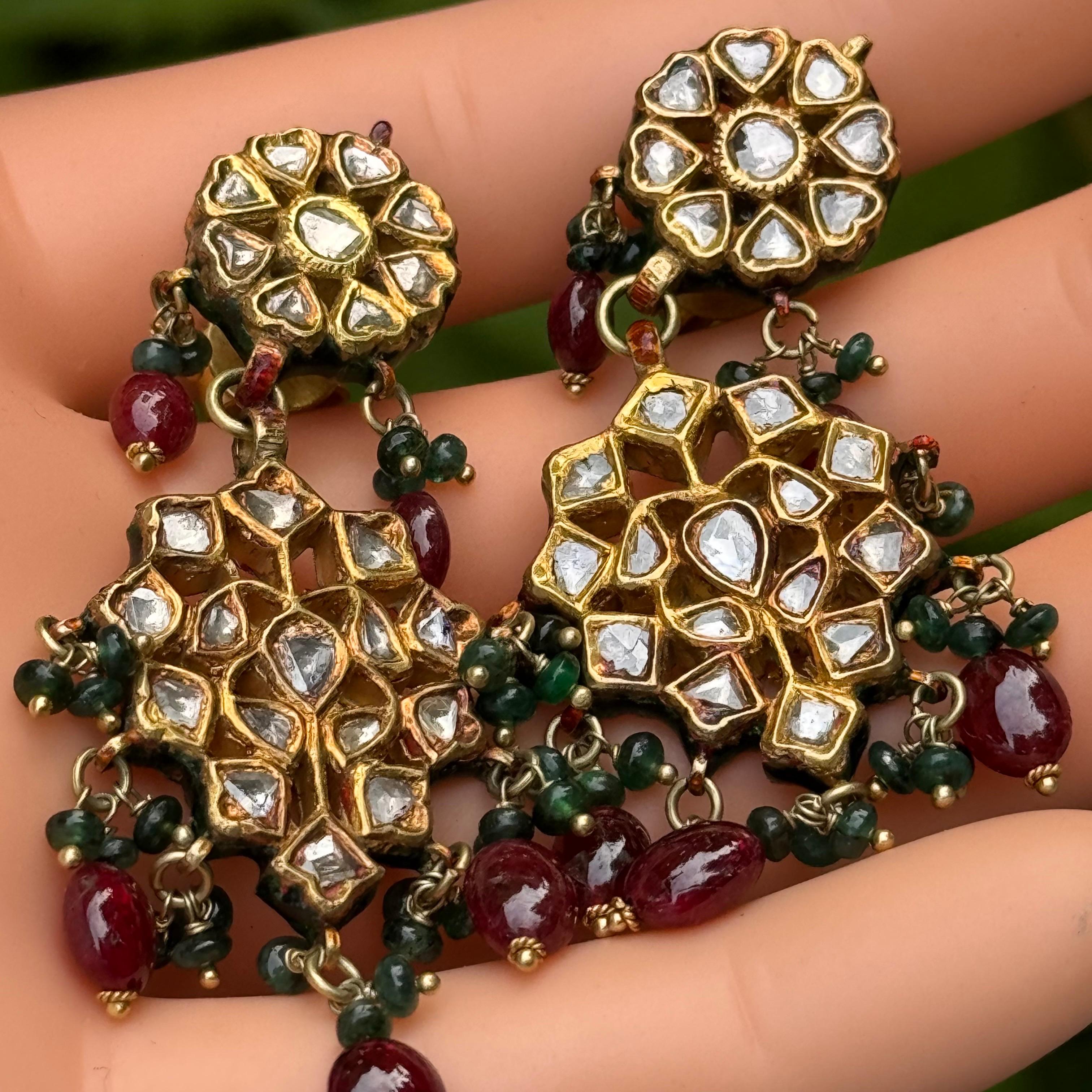 Mughal 20kt Gold Diamond Emerald Rubies Enamel Earrings For Sale 10
